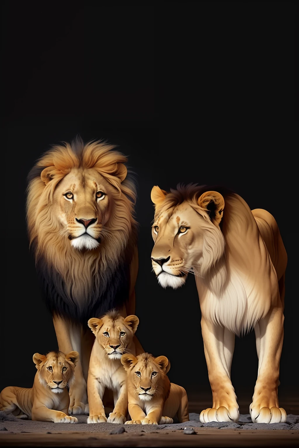 B&w photo, there are a lot of lions that are standing together, lions, family portrait, proud look, proud look, happy family, lion, by Tadashi Nakayama, trend,, against a deep black background, mane, majesty, in the background with very starry sky, family photo, pride, simba, pride, amazing art, by Robert Childress, photo of a beautiful