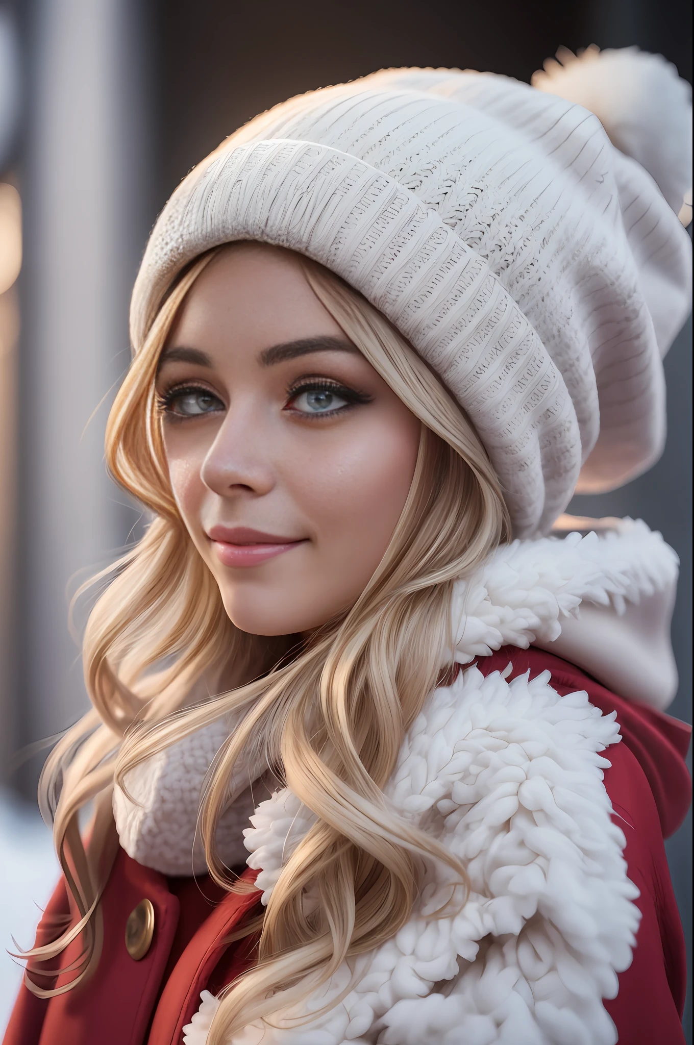absurdres, RAW photo, highest quality, (masterpiece: 1.3), high detail RAW color photo, professional photo, extremely detailed CG 8k wallpaper unit, photo-realistic, realistic, RAW photo, masterpiece, best quality, highres,
1girl, 19 YEARS OLD, white, blonde hair, wavy, Average length, random hairstyle, beautiful body, thin legs, perfect gorgeous face, beautiful light brown realistic eyes, fair skin, detailed skin texture, very small natural breasts. Smile. She looks amazing. (Red coat, beanie, cold clothing, simple design). Winter.