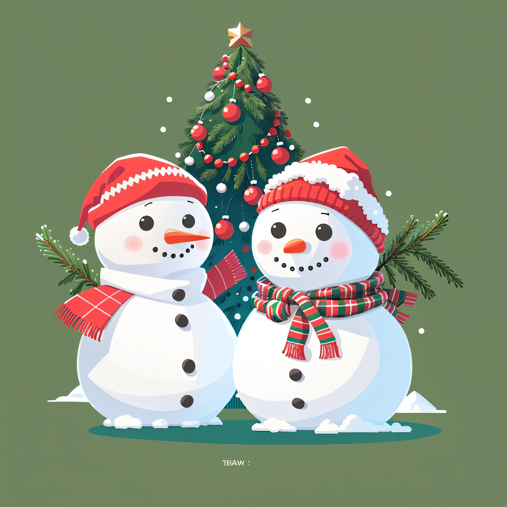 there are two snowmen standing next to a christmas tree, simple illustration, holiday season, cute illustration, merry, no gradients, cartoon illustration, christmas, cartoon style illustration, flat illustration, jen bartel, simple and clean illustration, illustration!, shutterstock, stylized digital illustration, detailed 2d illustration, very stylized, (snow), vector illustration
