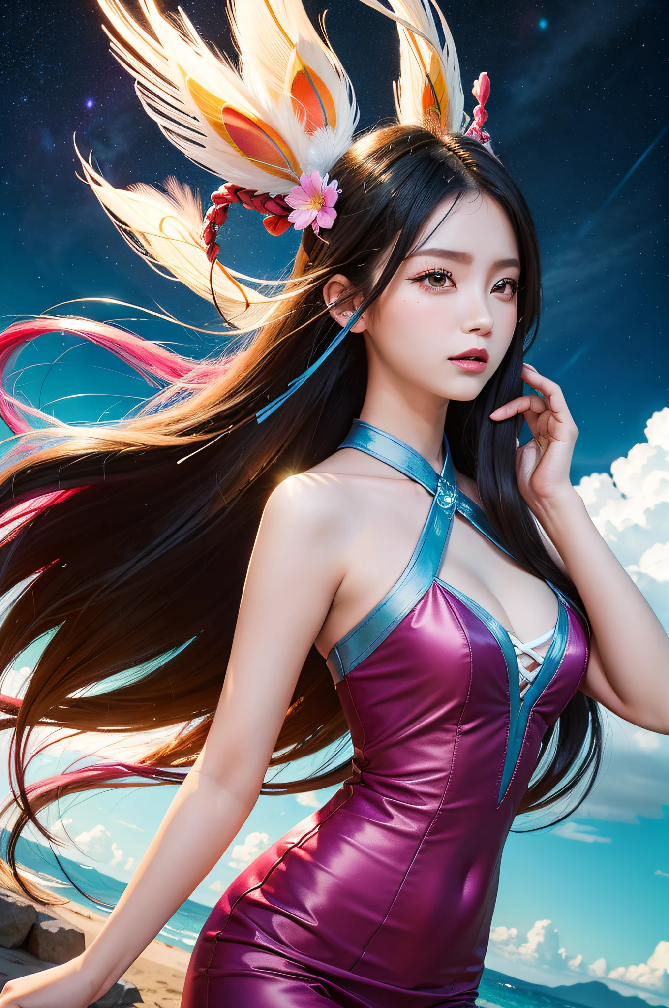 (Masterpiece, Top Quality, Best Quality, Extreme Detail, Best Detail, Official Art, Beauty and Aesthetics: 1.2), Colorful, Denim Shot, Upper Body Shot, Beautiful Face, Solo, Perfect Body, Above the Clouds in the Sky, Flying in the Sky, Portrait of a Girl, Silver Gradient Hair, (Black Hair | Pink Hair: 1.2), Fairy, Flowing Streamer, Sexy, Sun Rays, Clouds, Full Body, Han Wind, Chinese clothes, water, firefly, night, starry, jewelry, dress feathers, peacock feathers, light particles, volumetric lighting, ray tracing (flowing streamer: 1.1), (fantasy novel: 1.2), illuminator, stars, fantasy, high contrast, ink strokes, overexposed, impression of purple and red tones, abstract, (watercolor by John Barkey and Jeremiman)) Brush strokes, dynamic orange blue cyan