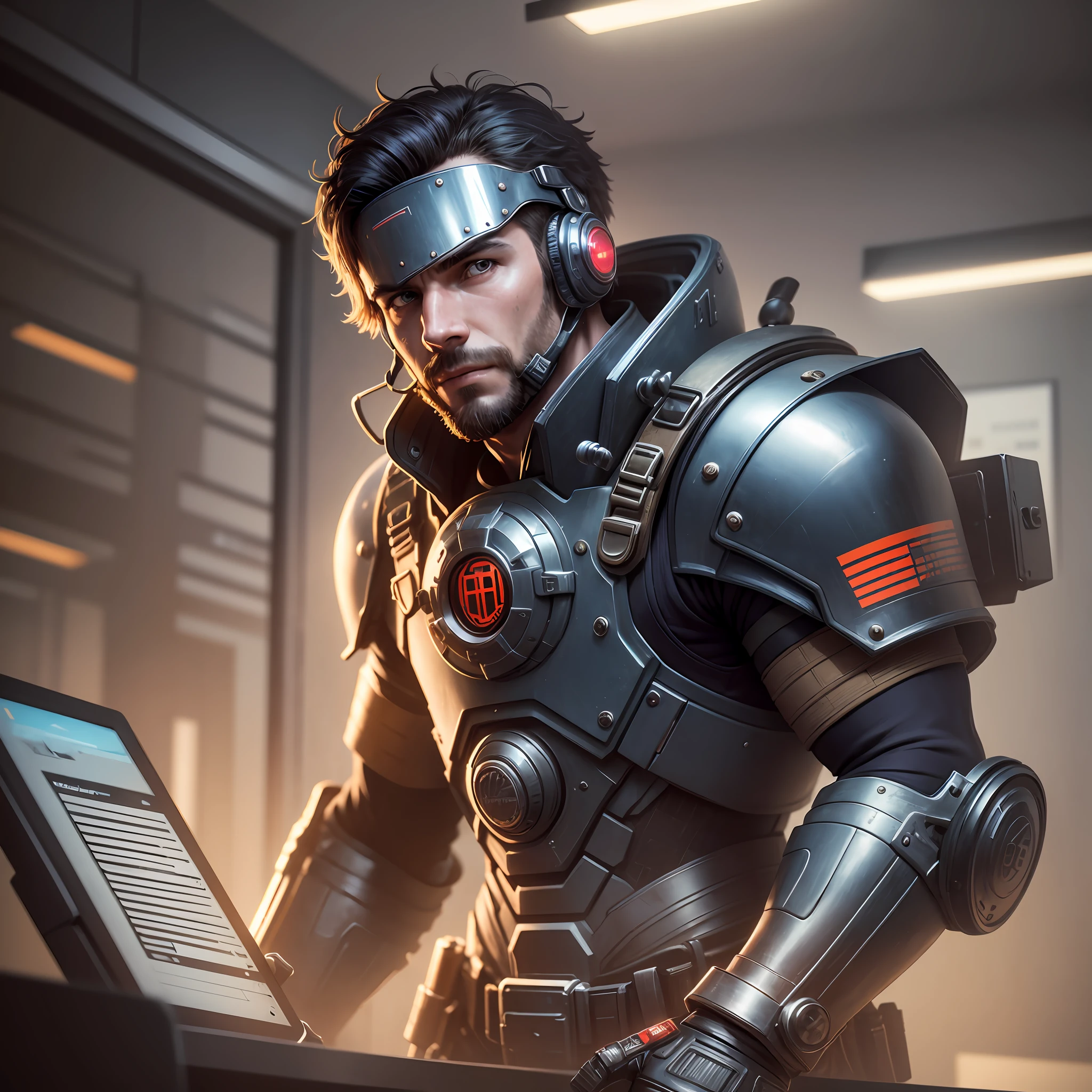 One man's masterpiece, Jon Sold, 30 years old, super detonated, office lighting, warrior, cyberpunk armor --auto --s2