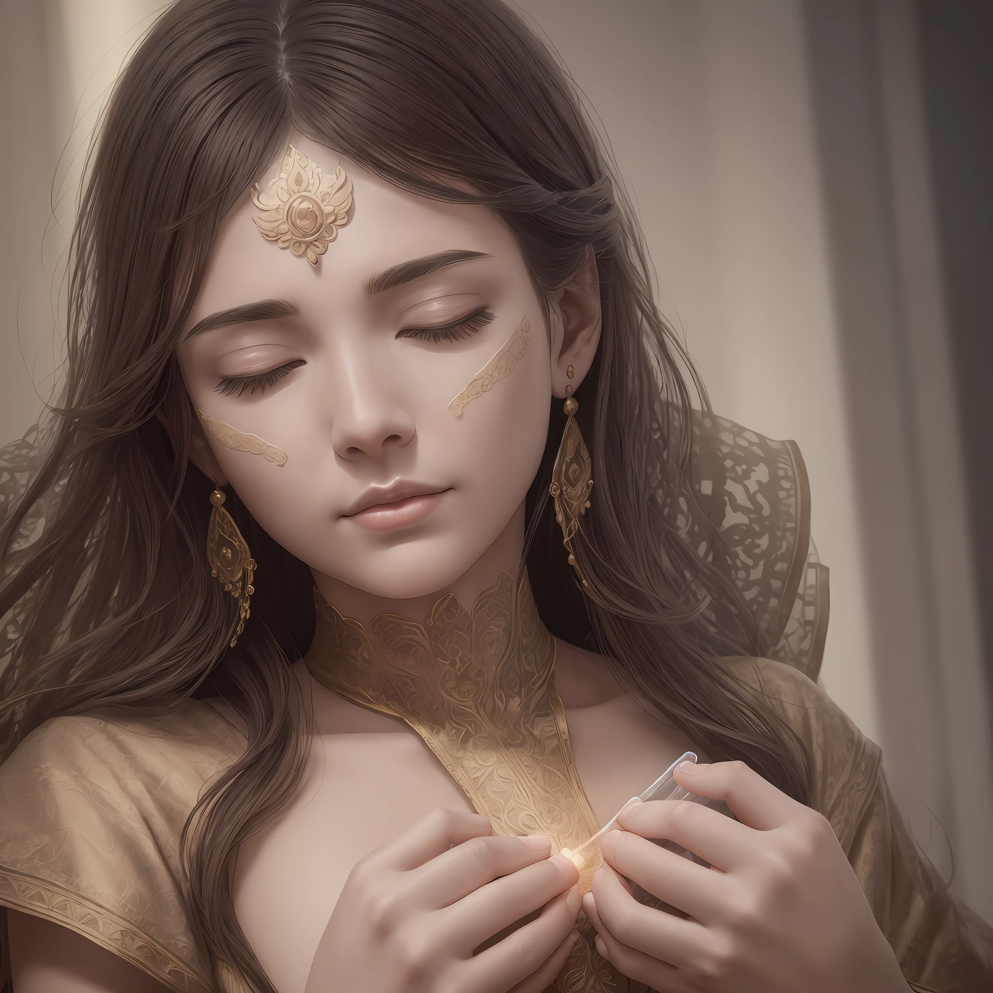 (((Meditating))) Real woman, meditating, both hands in medication posture, relaxing, (detailed facial features), intricate detailed background, dreamy, trend in artstation, UHD, 8k, atmosphere, luminosity, front lighting, --auto --s2