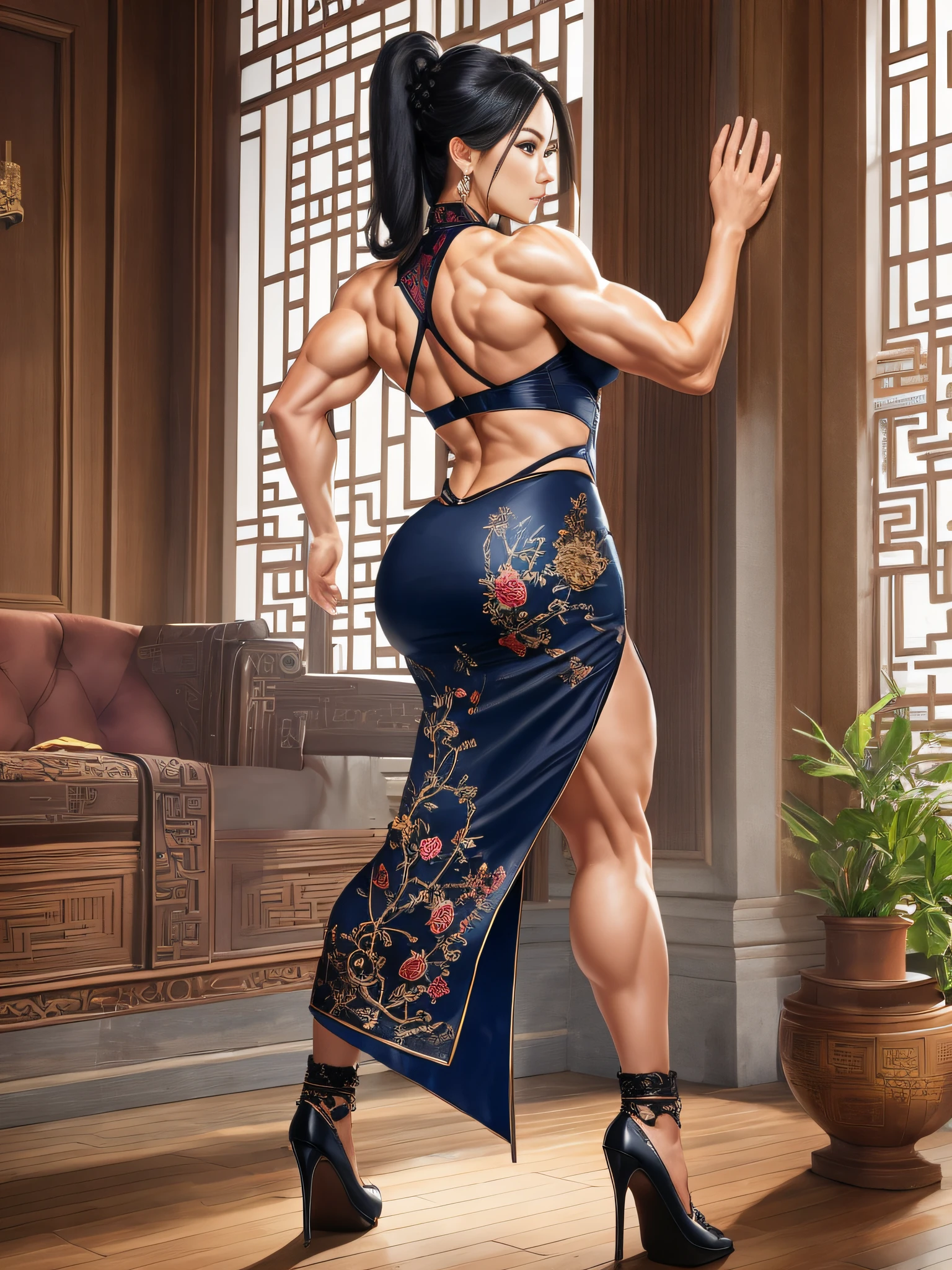 Mature woman with male bodybuilder muscles, Caucasian woman, huge chest plate, beautiful face, full body, back figure, standing facing away, back muscles, muscle emphasis pose, tall stature, height 400cm, muscular raised arms, log-thick thighs, raised calves, exaggerated muscular physique, bodybuilder-like muscles, muscular muscles, extremely squeezed body fat, black hair, chignon hair, split abs, protruding abs, raised blood vessels, armpit hair, dark blue sleeveless cheongsam, mini cheongsam, rose embroidery, chinese costume, simple high brand black leather long boots, pin heels, drawing room, ultra high image quality