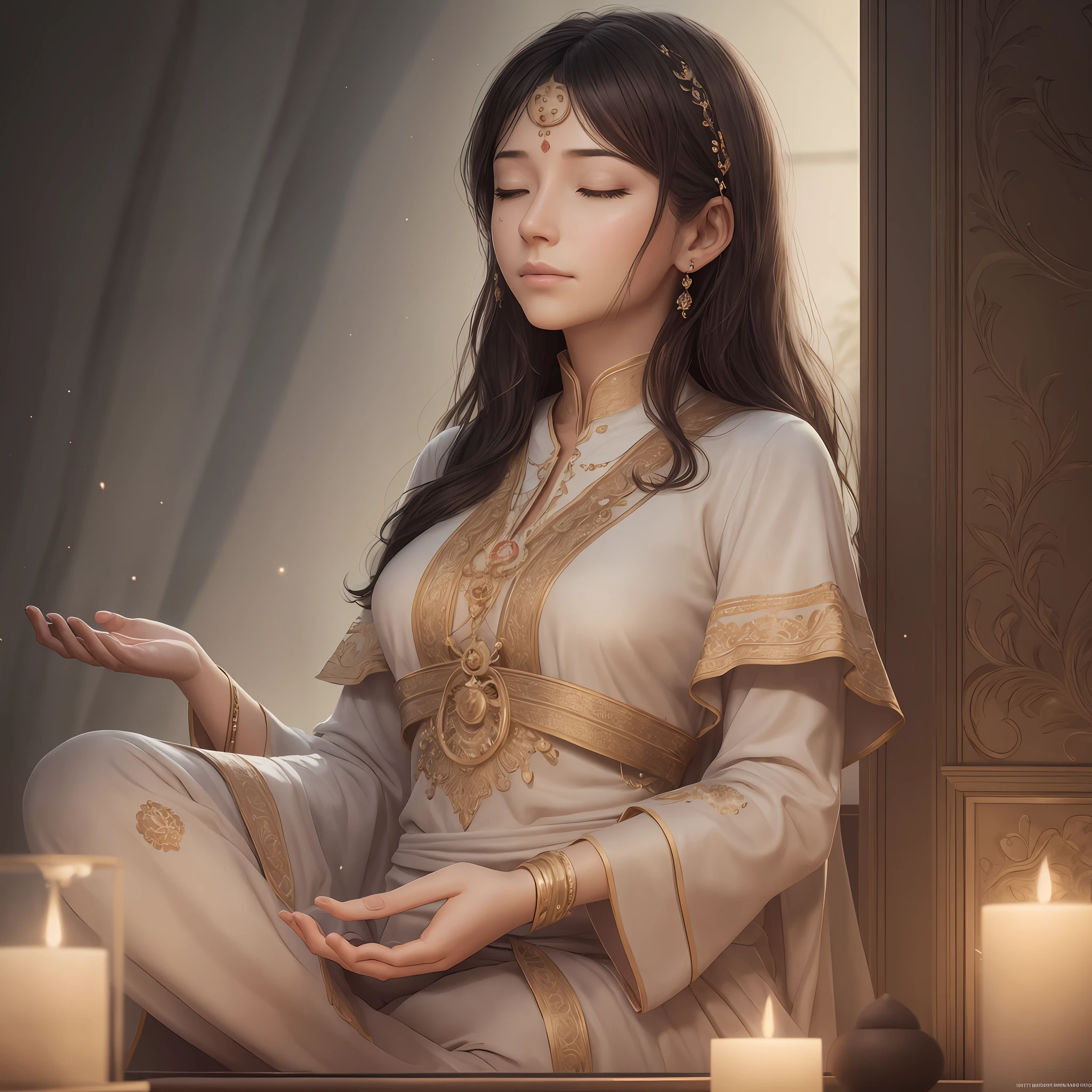 (((Meditating))) Real woman, meditating, both hands in medication posture, relaxing, (detailed facial features), intricate detailed background, dreamy, trend in artstation, UHD, 8k, atmosphere, luminosity, front lighting, --auto --s2