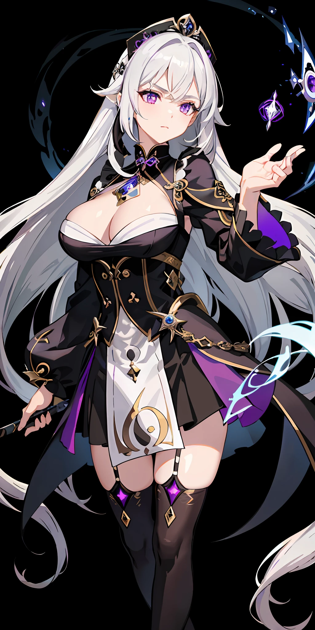 (top quality, masterpiece, background white) gray hair, fantasy costume, Genshin, purple eyes, fortune teller, black veil, sheep horn, zito eyes, older sister, black clothes, huge, cleavage, ephemeral expression, spear, lightning, tights, long bangs, mysterious