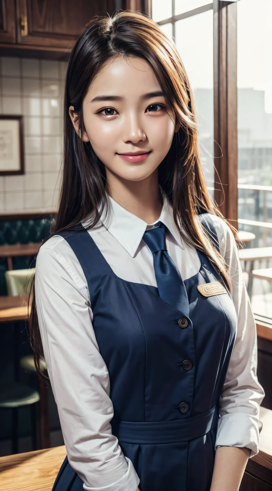 8K, top quality, masterpiece, realistic, super detailed, photo realistic, hyper-realistic, smooth lighting, improve movie lighting quality, realistic lighting, backlight, bright light, improve quality, best quality real texture skin, close-up, slender, cute face, smile, beautiful detail eyes, 19 year old Korean, cute uniform in a café, double and very dense eyes, shiny skin, sagging eyes, Shy, staring at the viewer, upper body only image, standing facing the front