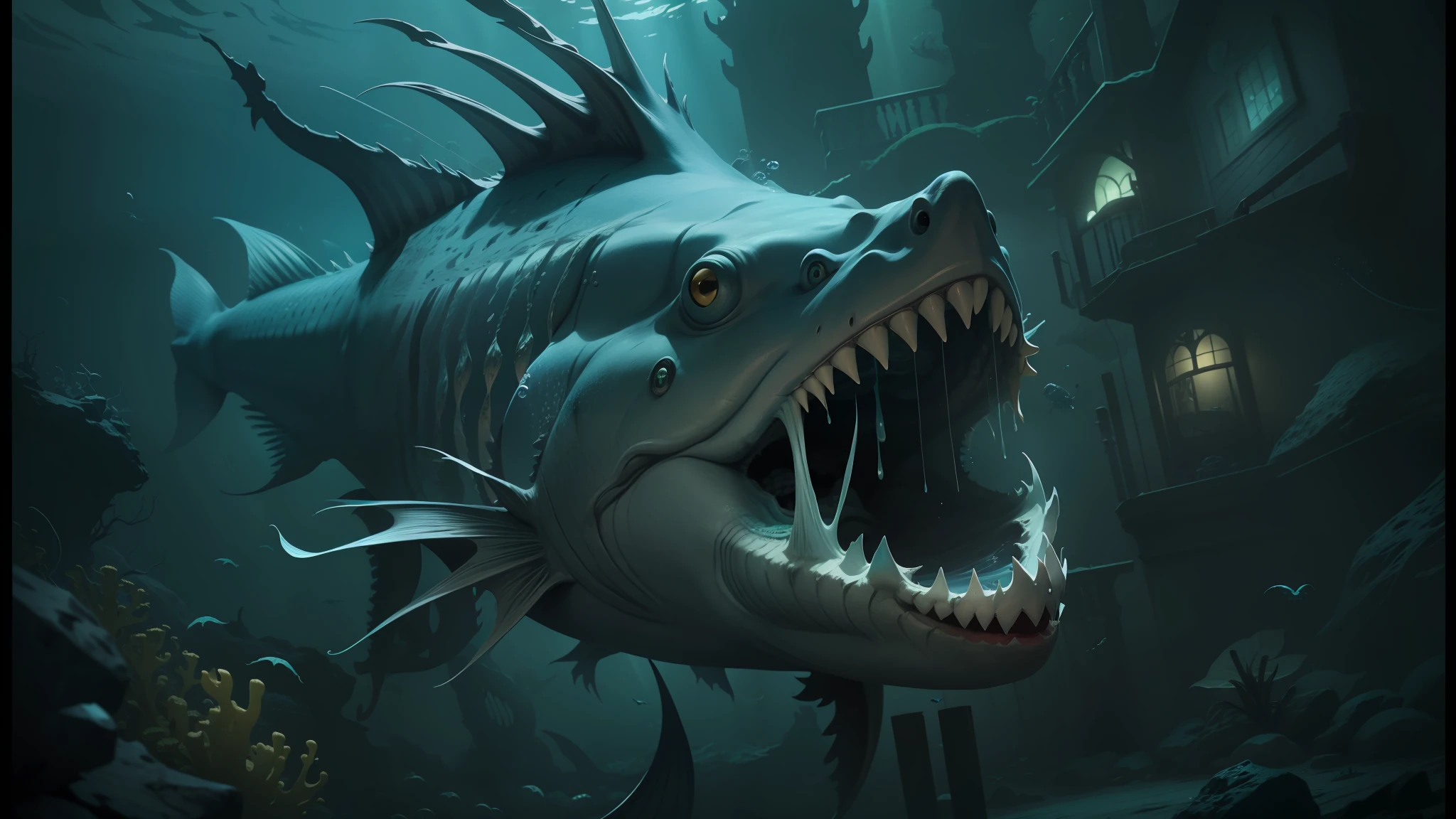 there is a fish with a large mouth and sharp teeth, illustration of an angler fish, scary fish, angler fish, scary sea monster, underwater sea monster, deep sea fish, sea monster, sea monsters, deep sea monster, deep sea picture, in a underwater horror scene, dagon, thalassophobia, ocean giant creature bloop, hyper realistic fantasy monster