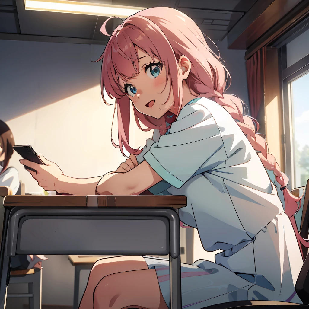 Anime illustrations in the style of "Kyoto Animation", highest quality, (cute: 1.1), (cute), (high resolution: 1.2), incredibly ridiculous: 1.3, incredibly fine illustrations, break 1 beautiful girl, Solo, (heterochromia, light blue eyes and light green eyes), silhouette of star eyes, solo, standing figure, happy, :d, princess eyes, big breasts, break, braid, light pink hair, semi-long hair, red ribbon at the end of braid, sitting at desk, Angle from the side, break looking at iPhone, office,