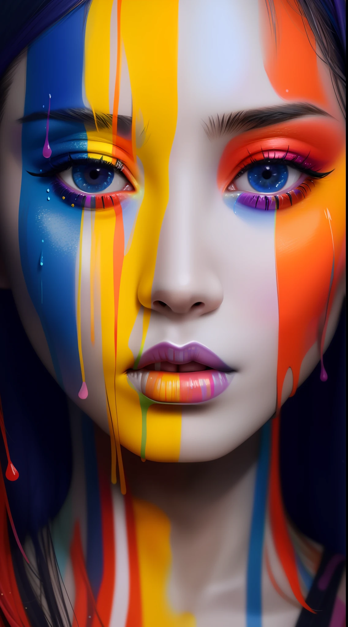 a close up of a woman with a colorful face paint, painted face, dripping with color, creative colorfull - makeup, colorful photo, symmetrical painted face, creative makeup, fully covered in colorful paint, oriental face, color photograph portrait 4k, asian face, colorful picture, 8k artistic portrait photography, realistic colorful photography, vibrant colors hyper realism, colored photography