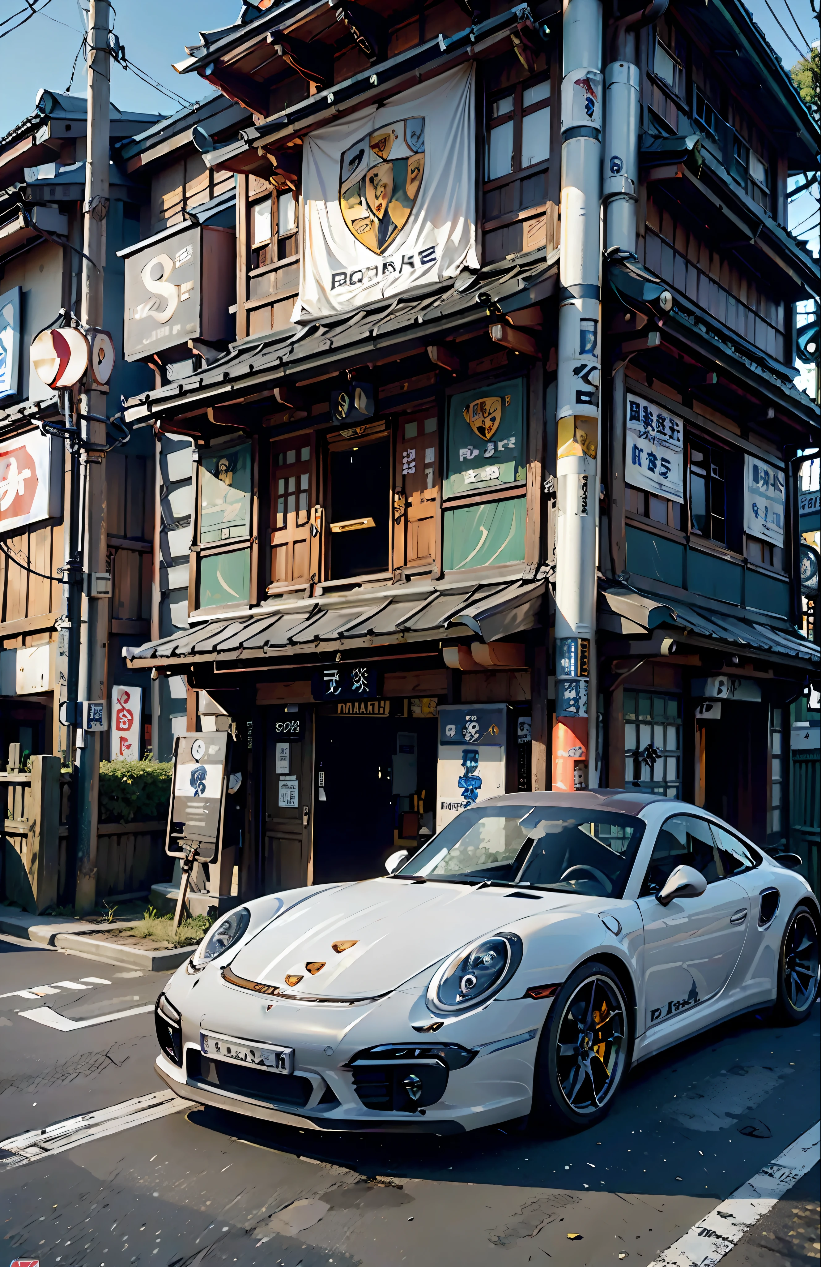 (car:1.2), (Porsche 911:1.5), standing on, (night street:1.2) in Tokyo under (Japanese signs:1.3) on (traditional houses:1.2).