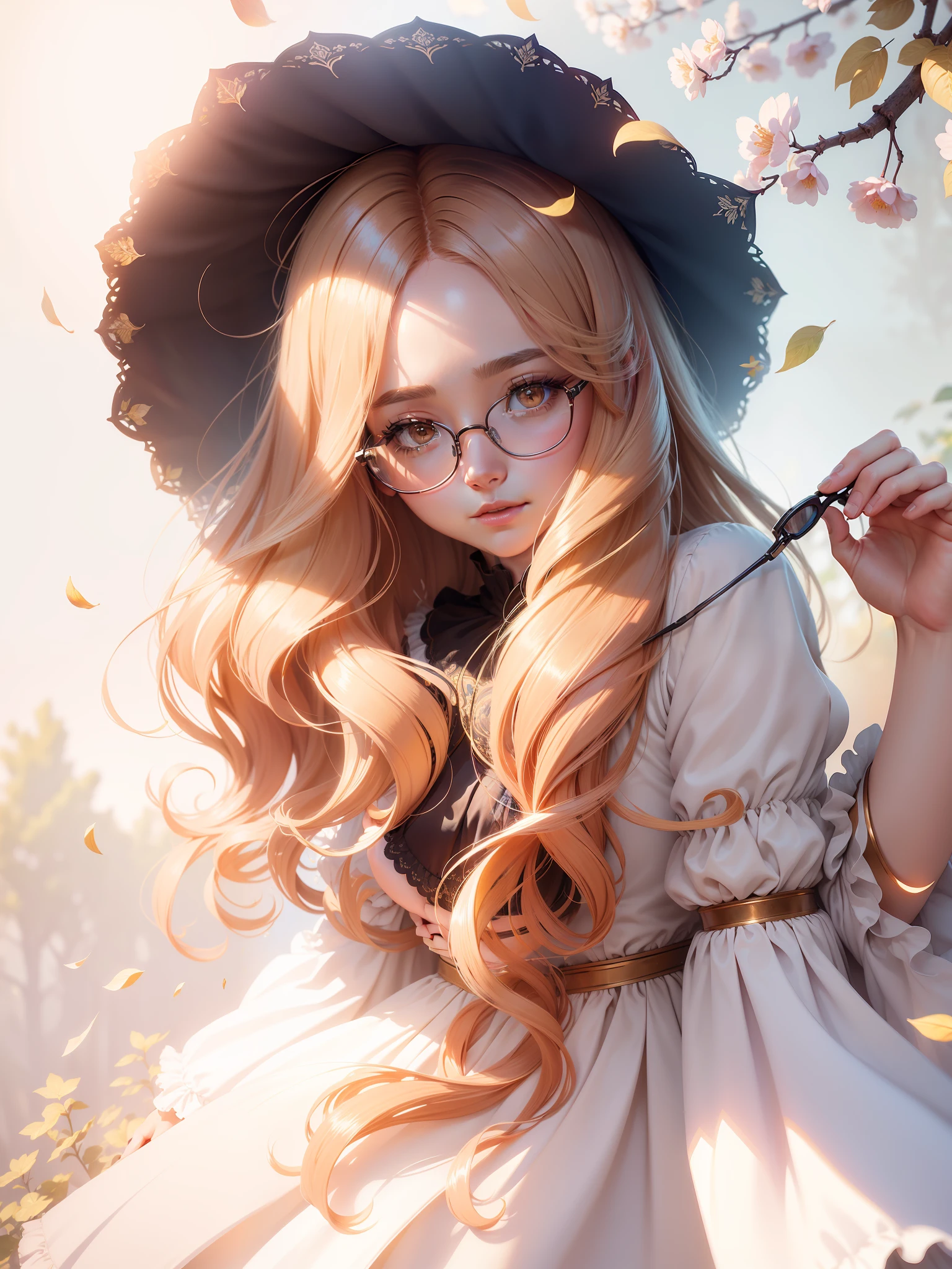 Masterpiece, best quality, (very detailed CG Unity 8k wallpaper) (best quality), (best illustration), (best shadow) delicate leaves of nature petals of various colors falling in the air Light tracking, super detailed , long colored hair, golden eyes, blouse , golden round frame glasses , natural hands --v6