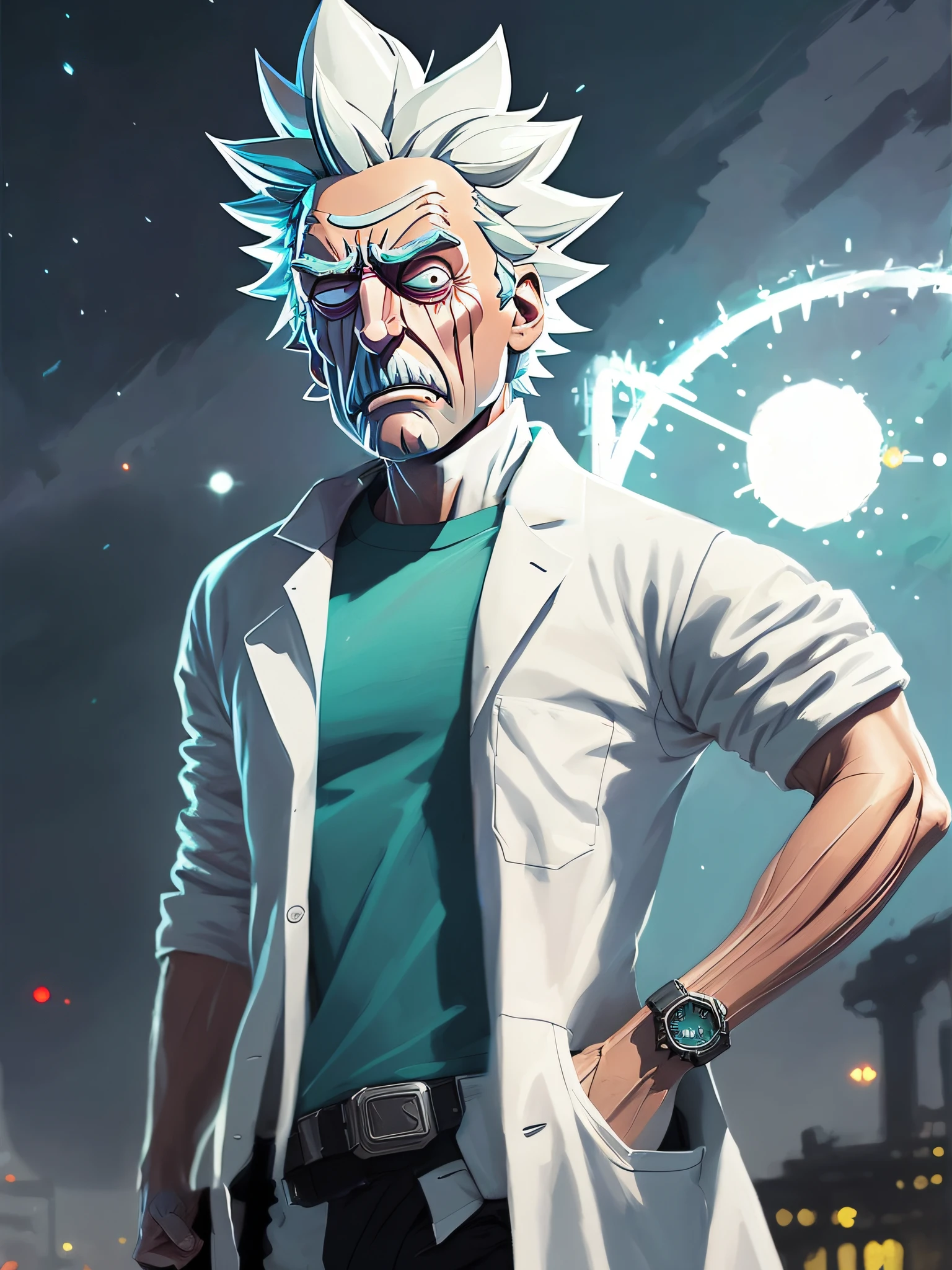 (Rick Sanchez), (cartoon style), rick and morty universe, (wearing in a white coat of a scientist and t-shirt), (((muscular)))
Atey Ghailan, by Jeremy Mann, Greg Manchess, Antonio Moro, trending on ArtStation, trending on CGSociety, Intricate, High Detail, Sharp focus, dramatic, photorealistic painting art by midjourney and greg rutkowski, bokeh on background