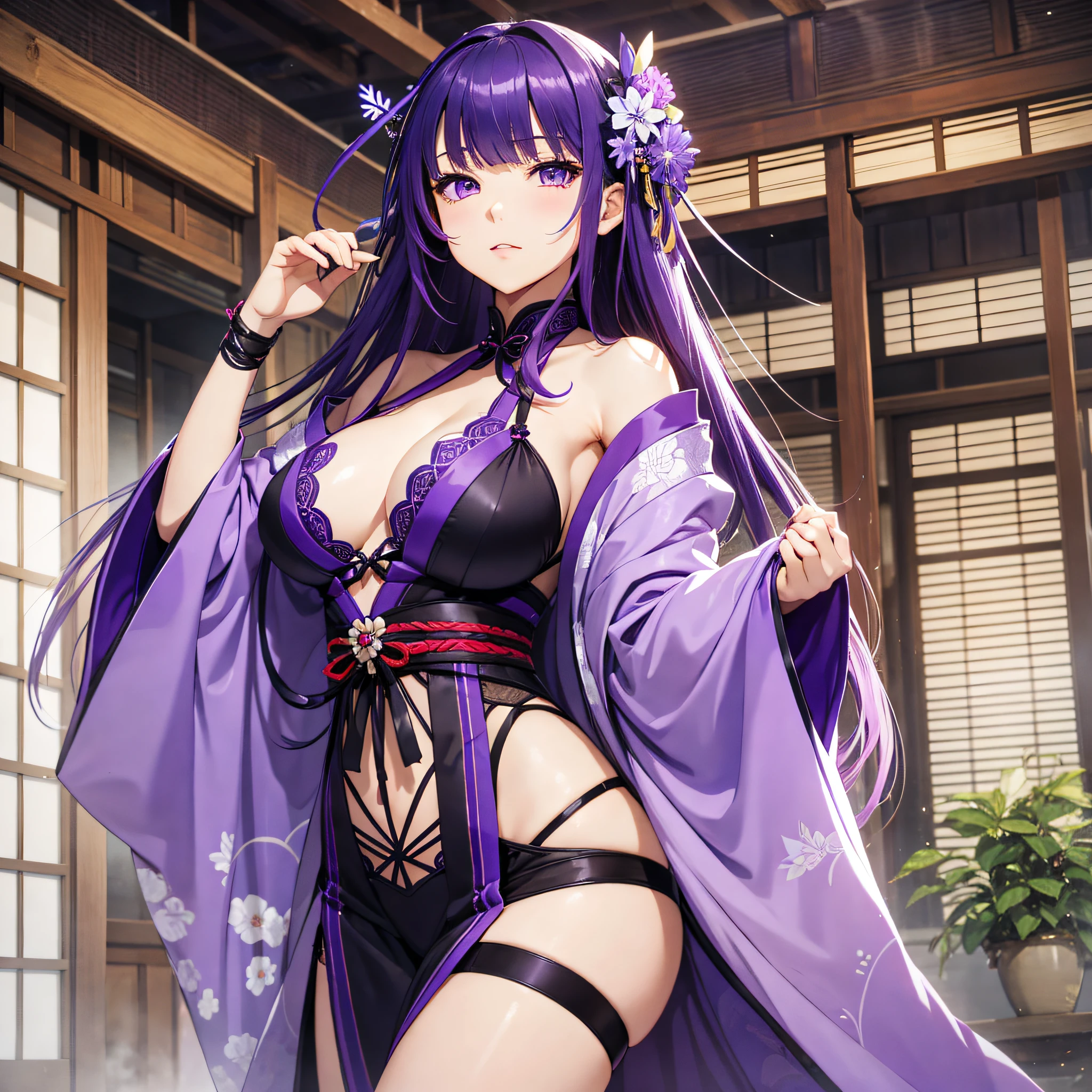 Masterpiece, best quality, breasts, Raiden Shogun, purple eyes, Japanese clothing, purple hair, big breasts, long hair, hair accessories, thighs, purple kimono, high heels, bangs, black silk