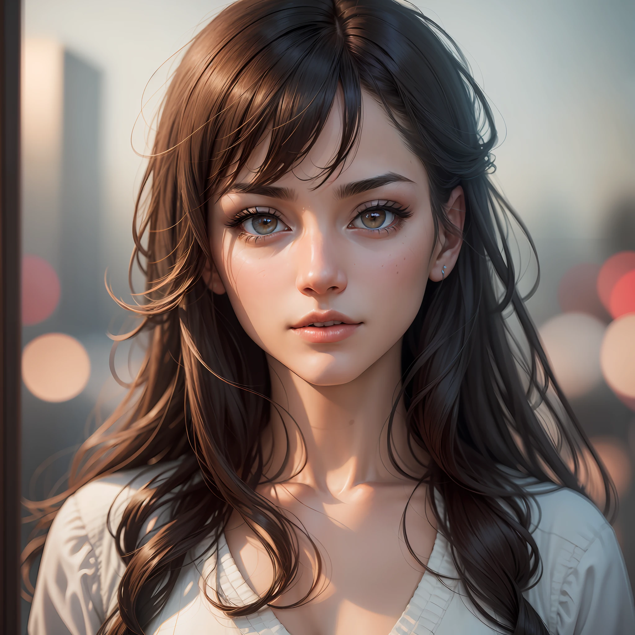 Looking at the audience, light makeup, realism, realistic photos, professional color correction, 8K, F2.4 aperture, 35mm lens, realistic real face, only the face area is included. --auto --s2