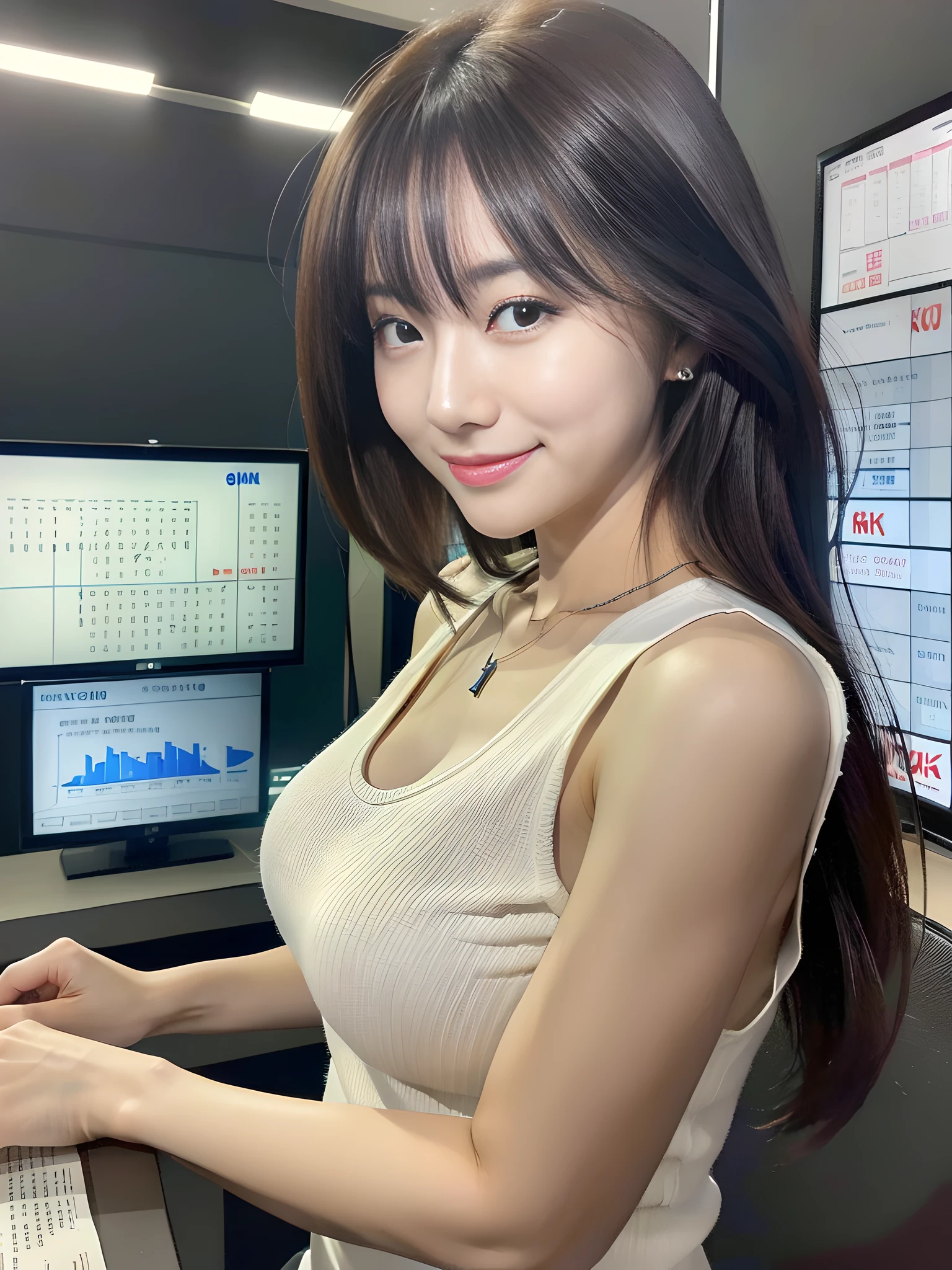 ((Best quality, 8k, Masterpiece :1.3)), (Japanese pretty newscaster), smile, (sleeveless shirt), beautiful detailed TV studio, (in front of table ,documents on table), During live newscasts, (very large moniter showing charts on the wall), Highly detailed face and skin texture, (big breasts, upper body), necklace, spotlight,