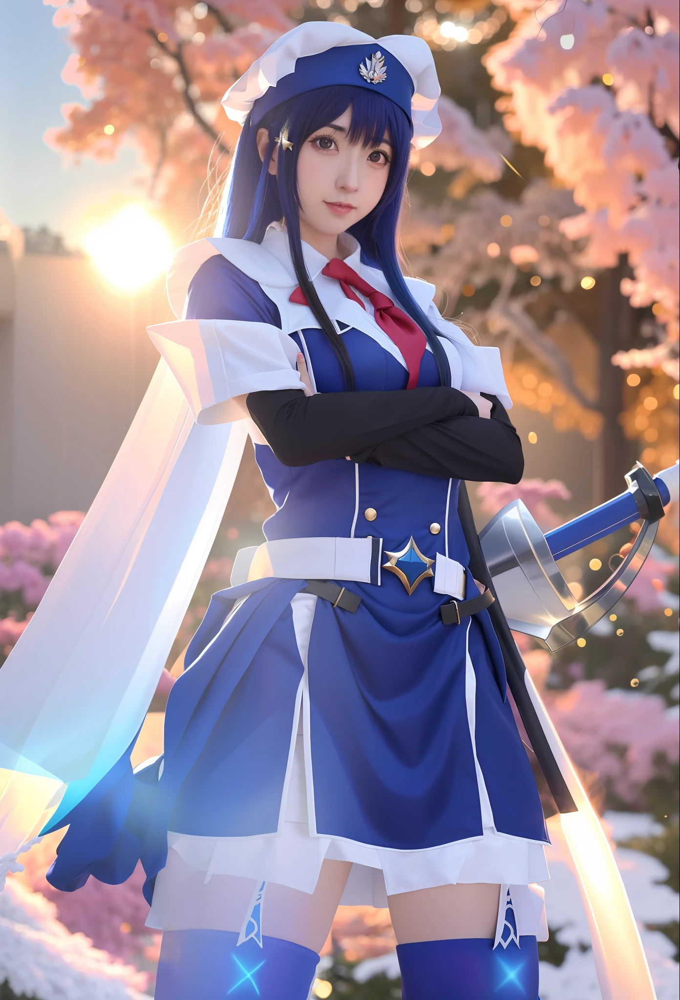 Anime girl in uniform, sword and hat standing in front of blue sky, Anime Overlord's albedo, Female Anime Character, Anime Maid SS, Tensei Shitara Slime Datta Ken, Female Action Anime Girl, Fus Rei, White Fox Anime, Tsuaii, Ayanami, Albedo of Overlord, Best Anime Character Design, Blue Hair, Masterpiece, Best Quality, HD, 8K, Highres, Super resolution,
