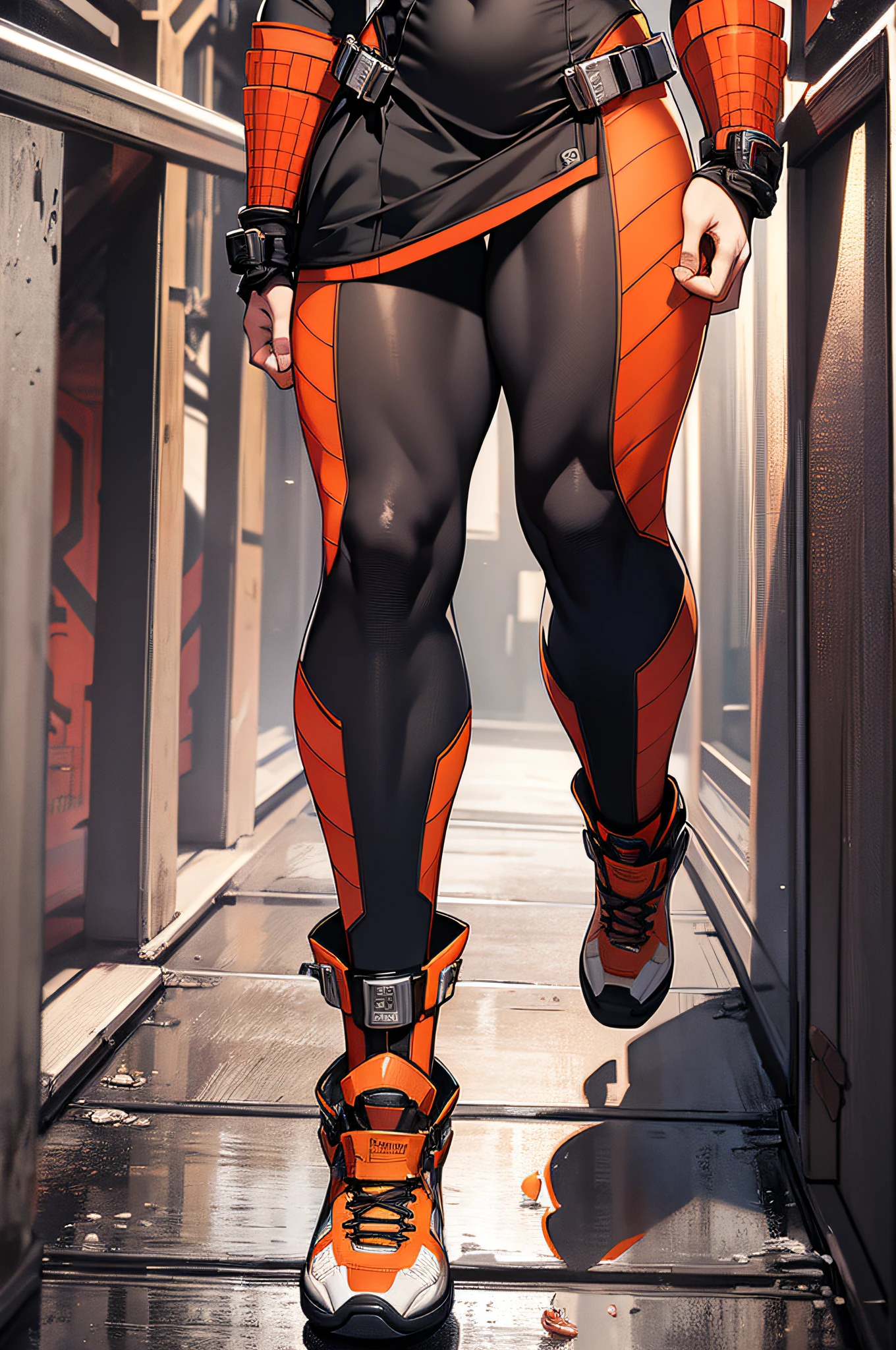 Best quality, masterpiece, masterpiece, 1 maiden, ((super realistic details)), full body portrait, orange-red eyes, female muscular, muscular, strong, long legs, black long socks, tall