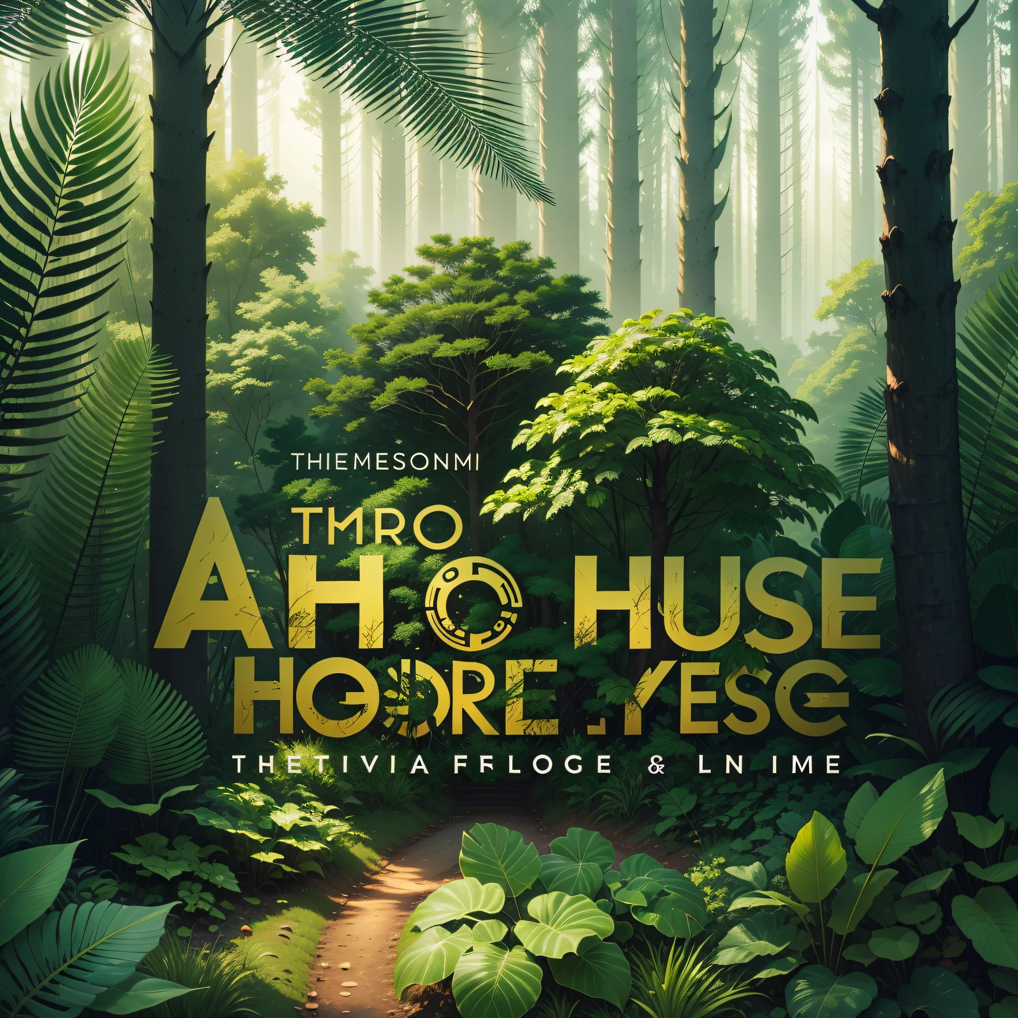 A cover image that conveys the feeling of being immersed in nature, with trees and foliage all around, while the percussive sounds of Afro house music echo in the background. Don't put text in the image --auto --s2