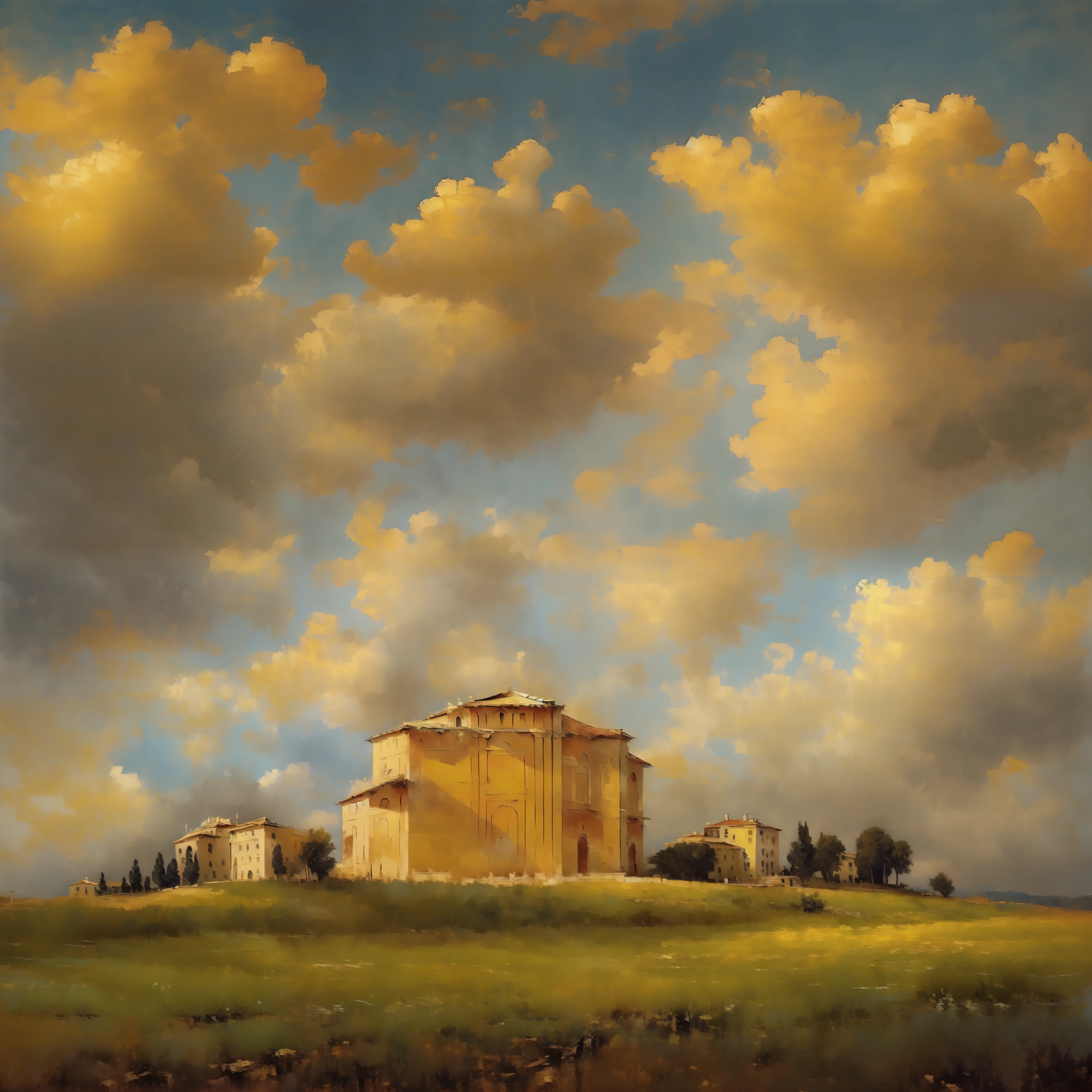 19th century italian panorama, rich baroque architecture in natural fields composition, cloudy, impressionism painting, symmetry in golden ratio, calmness, peaceful, Sturm und Drang style and vibes