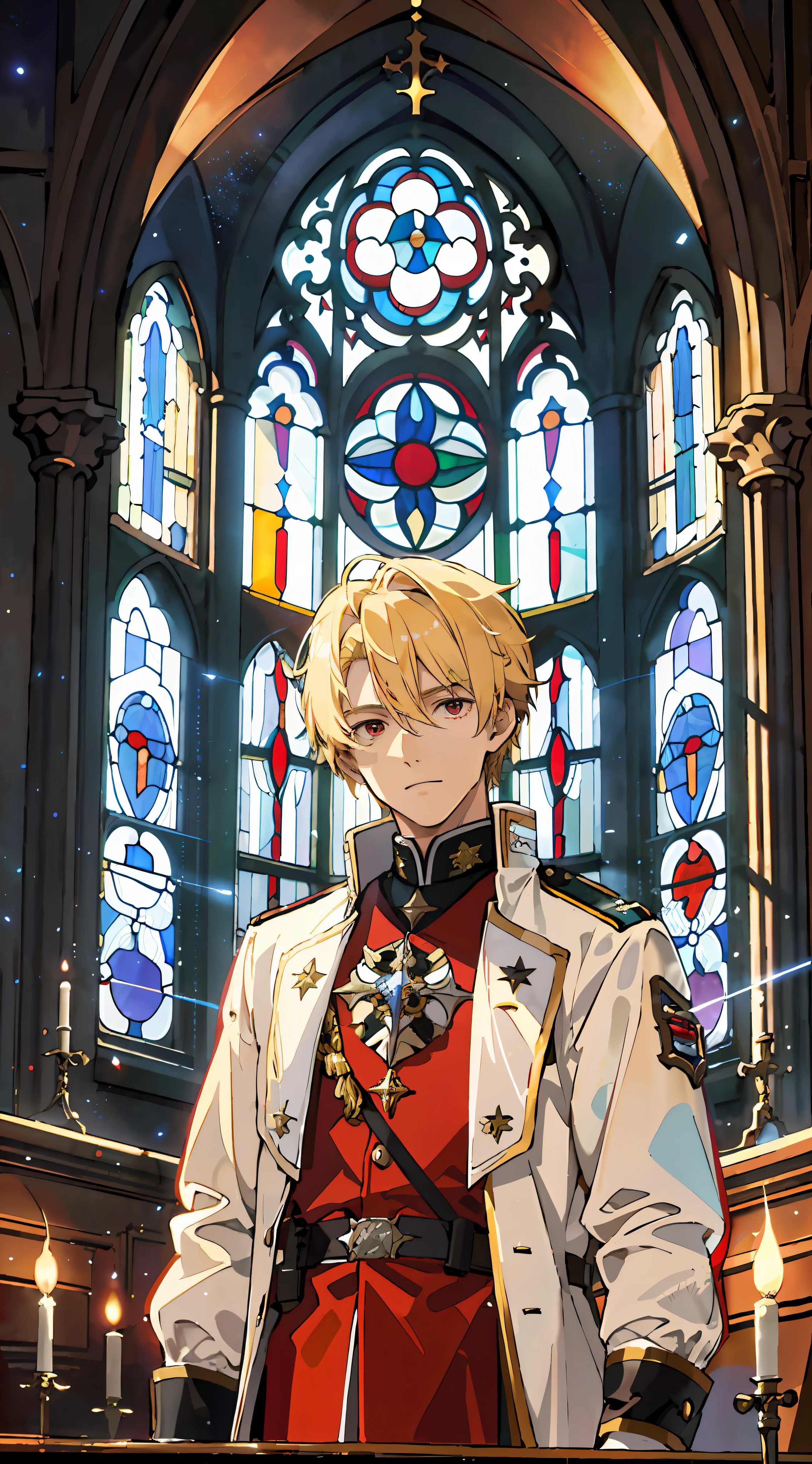 ((Masterpiece: 1.4, best quality)), (Very short blonde)), Red eyes, delicate hair, military uniform, (Church: 1.2), (Stained glass: 1.3), One young man, handsome, pillar, sky cover, (light particles), (moonlight shining through the window), dark atmosphere, backwards