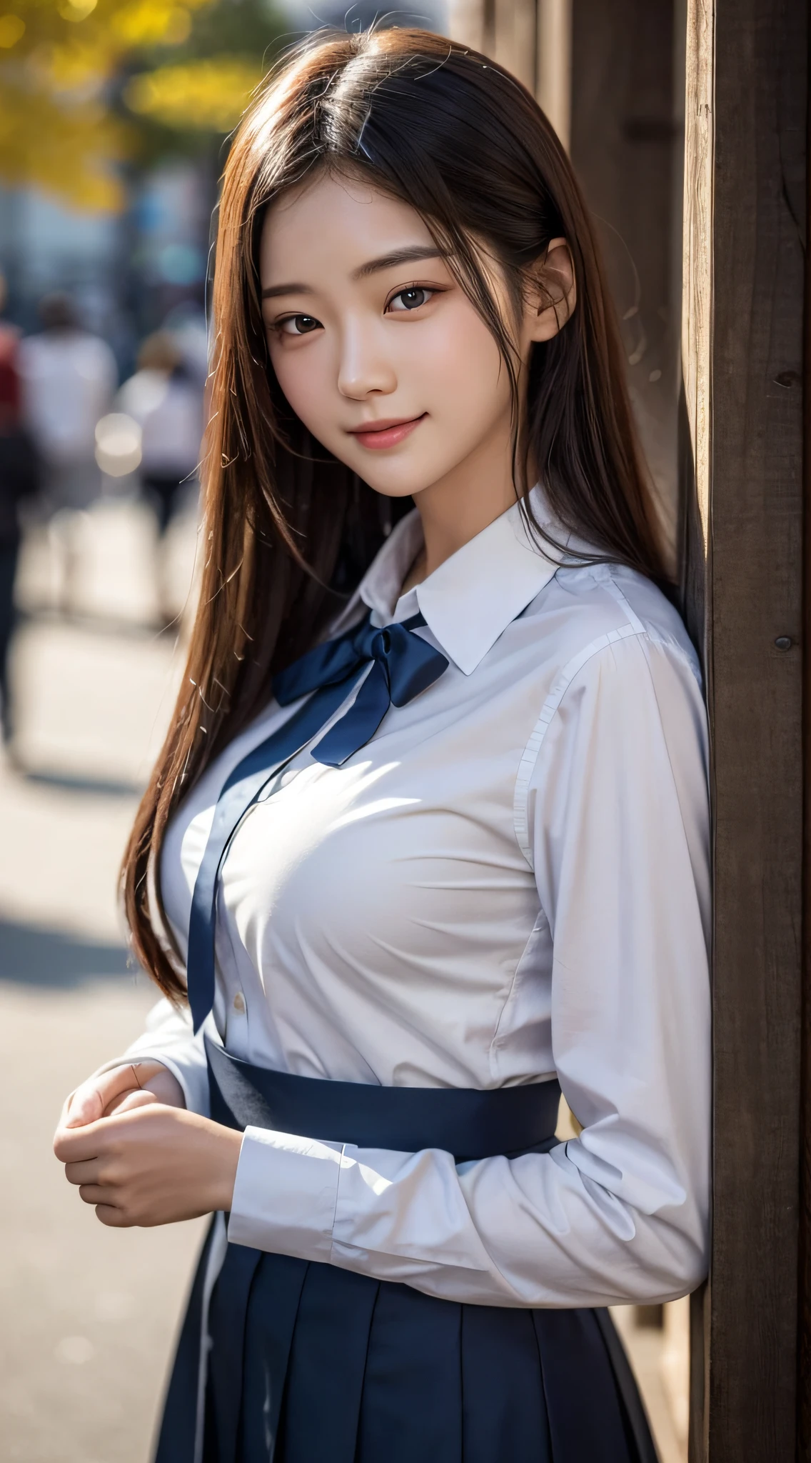 8K, top quality, masterpiece, realistic, super detailed, photo realistic, hyper-realistic, smooth lighting, movie lighting quality enhancement, realistic lighting, backlight, bright light, quality enhancement, best quality real texture skin, close-up, slender, cute face, smile, beautiful detail eyes, 19 year old Korean and Japan and Chinese fusion woman, cute uniform in café, Double and very dense eyes, shiny skin, sagging eyes, shyness, staring at the viewer, upper body only image, standing facing the front