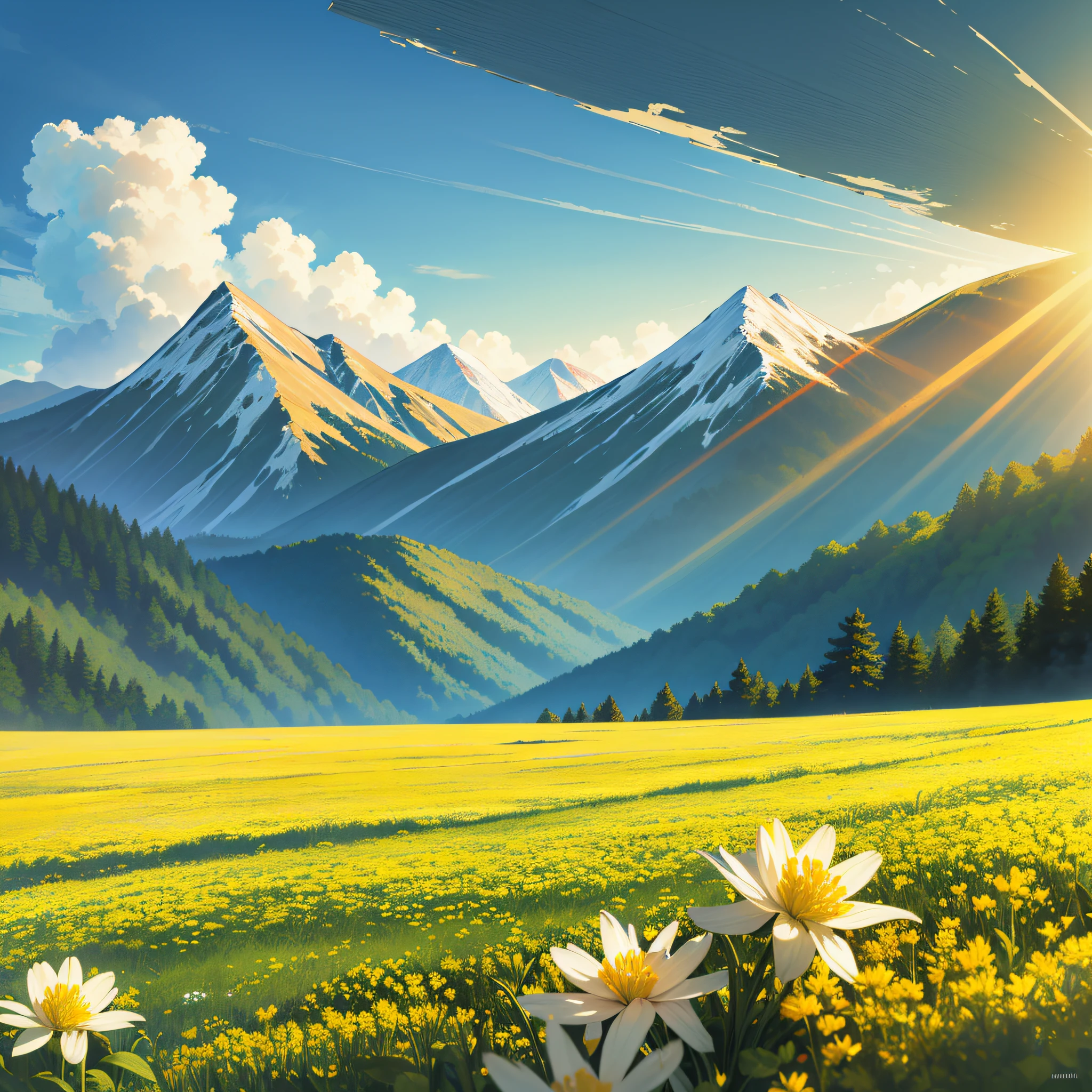 (Mountain: 1.3), Forest, pale yellow flowers, grass, Clouds, Tyndall rays, (Master works: 1.3), (8K wallpapers: 1.3), (Ultra realistic)), --auto --s2