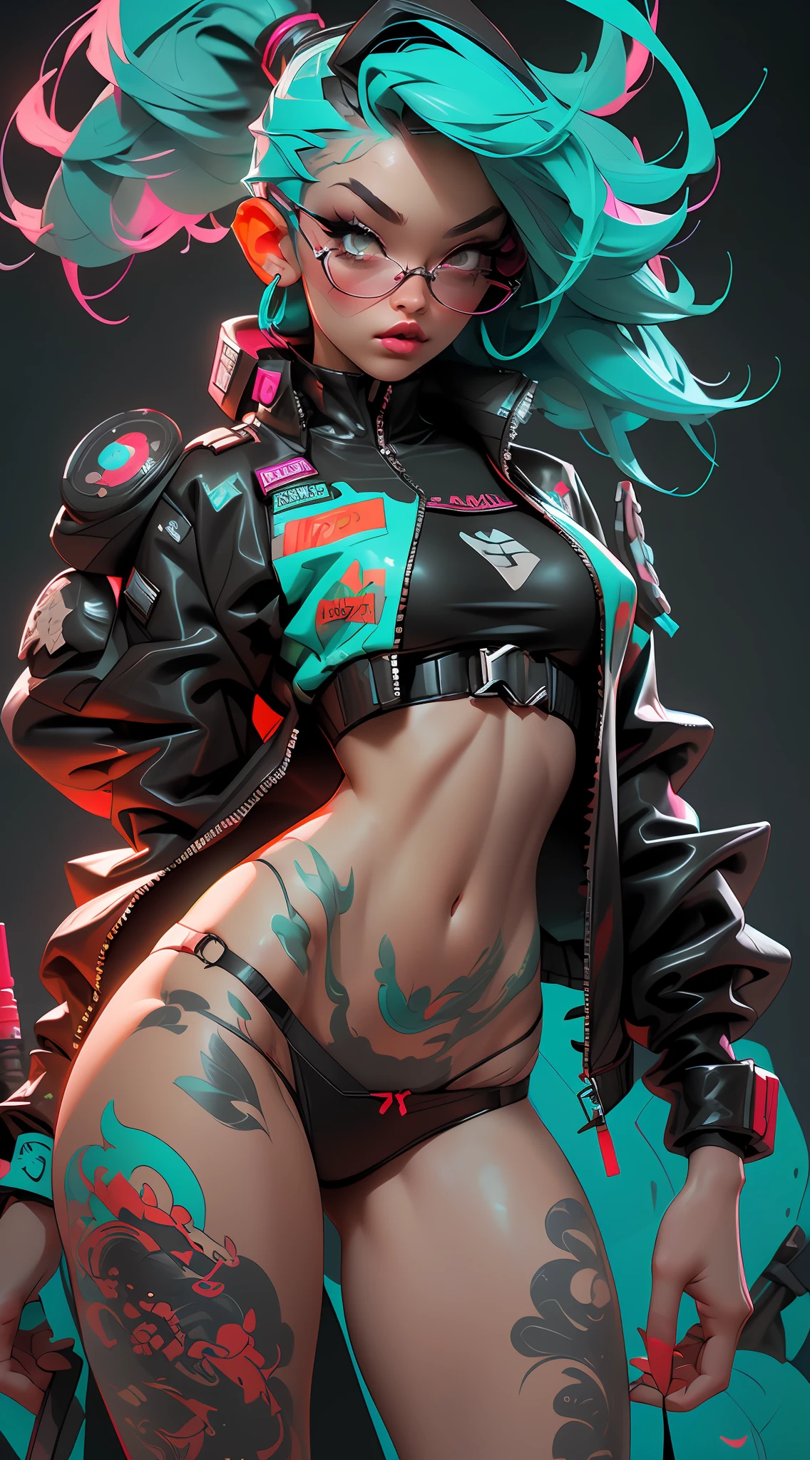 ((Best Quality)), ((Masterpiece)), ((Realistic)) and ultra-detailed photography of a 1nerdy girl with goth and neon colors. She has ((turquoise hair)), wears a (tech-wear top) and a (black thong, red pattern:1.2) , ((beautiful and aesthetic)), sexy, under-boobs, hot