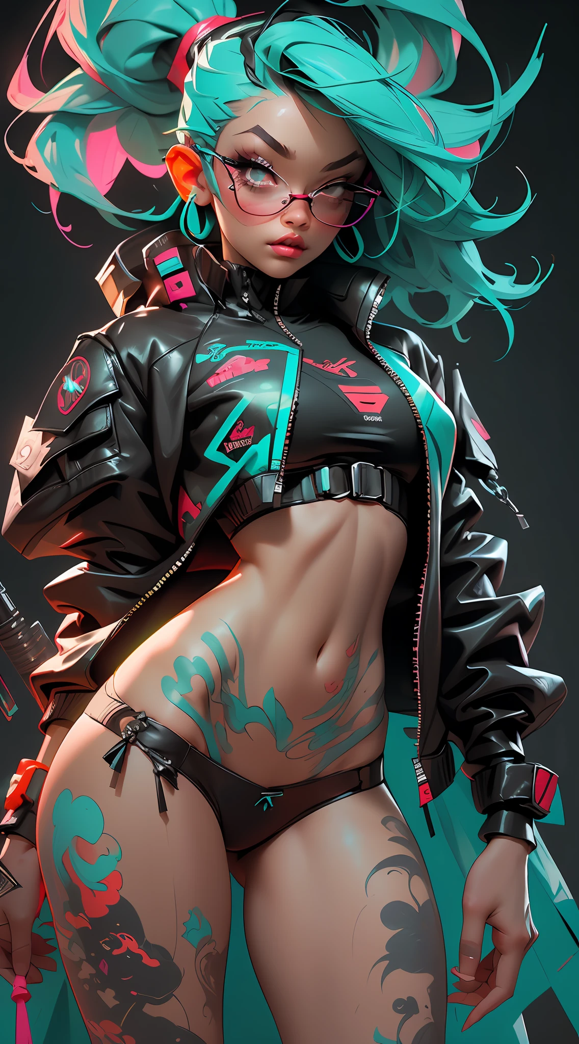 ((Best Quality)), ((Masterpiece)), ((Realistic)) and ultra-detailed photography of a 1nerdy girl with goth and neon colors. She has ((turquoise hair)), wears a (tech-wear top) and a (black thong, red pattern:1.2) , ((beautiful and aesthetic)), sexy, under-boobs, hot