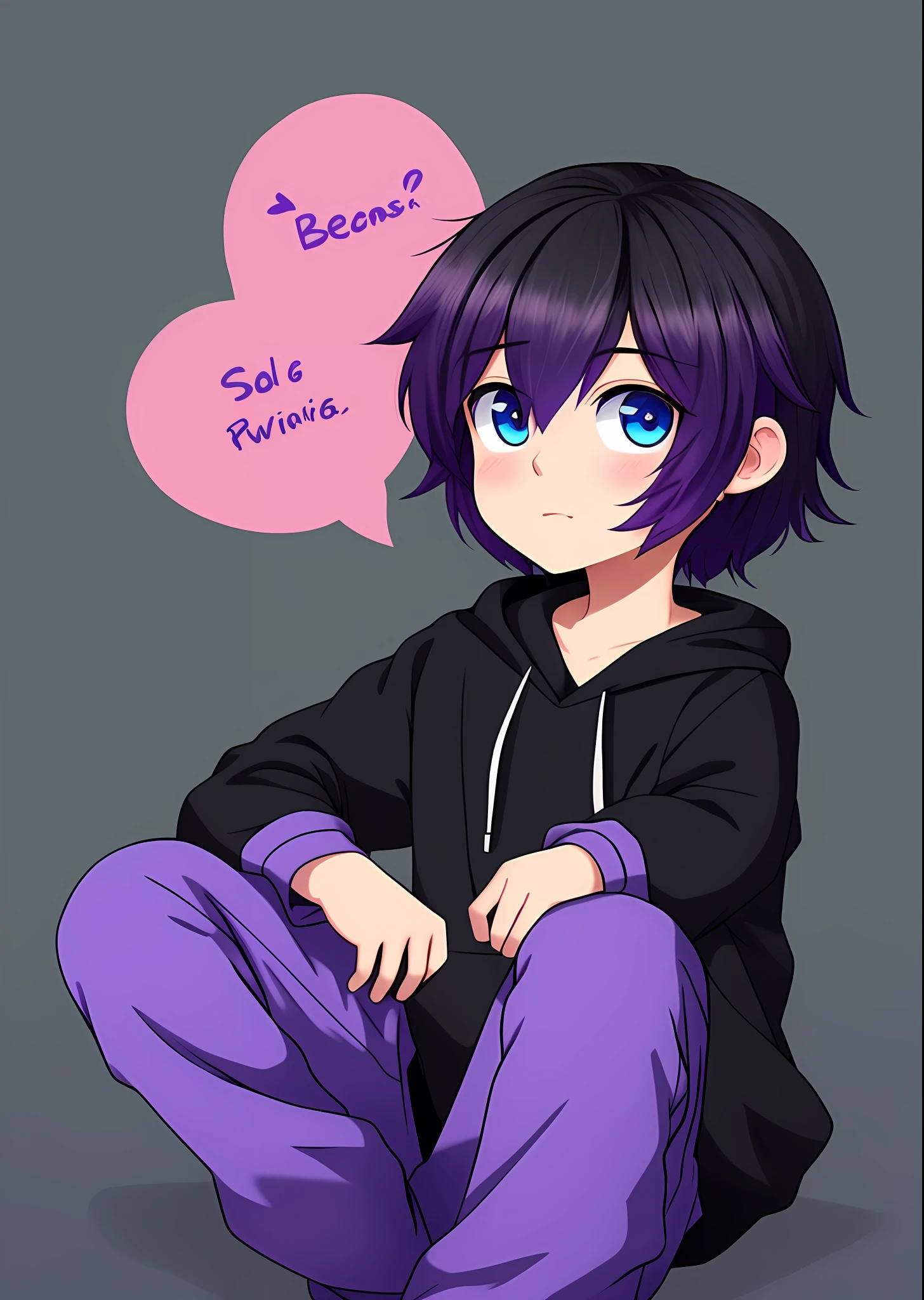 ((Solo)), young boy, black hair with purple locks, blue eyes, big black sweatshirt written "BTS", white skin, cute, anime, cute