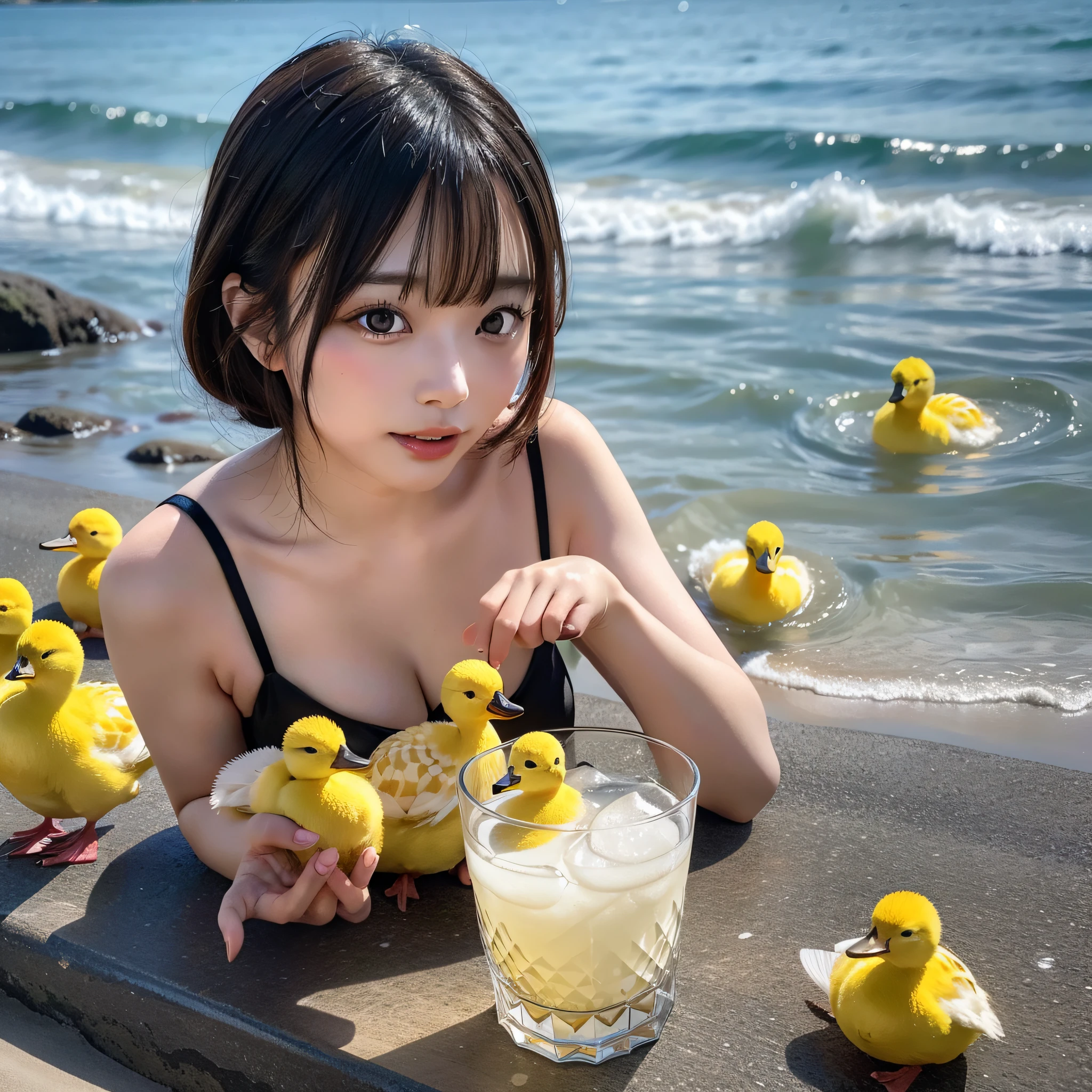 Araffe Japanese model, hyperrealistic, drinking water in a glass with lots of ice next to yellow ducklings on a beach,