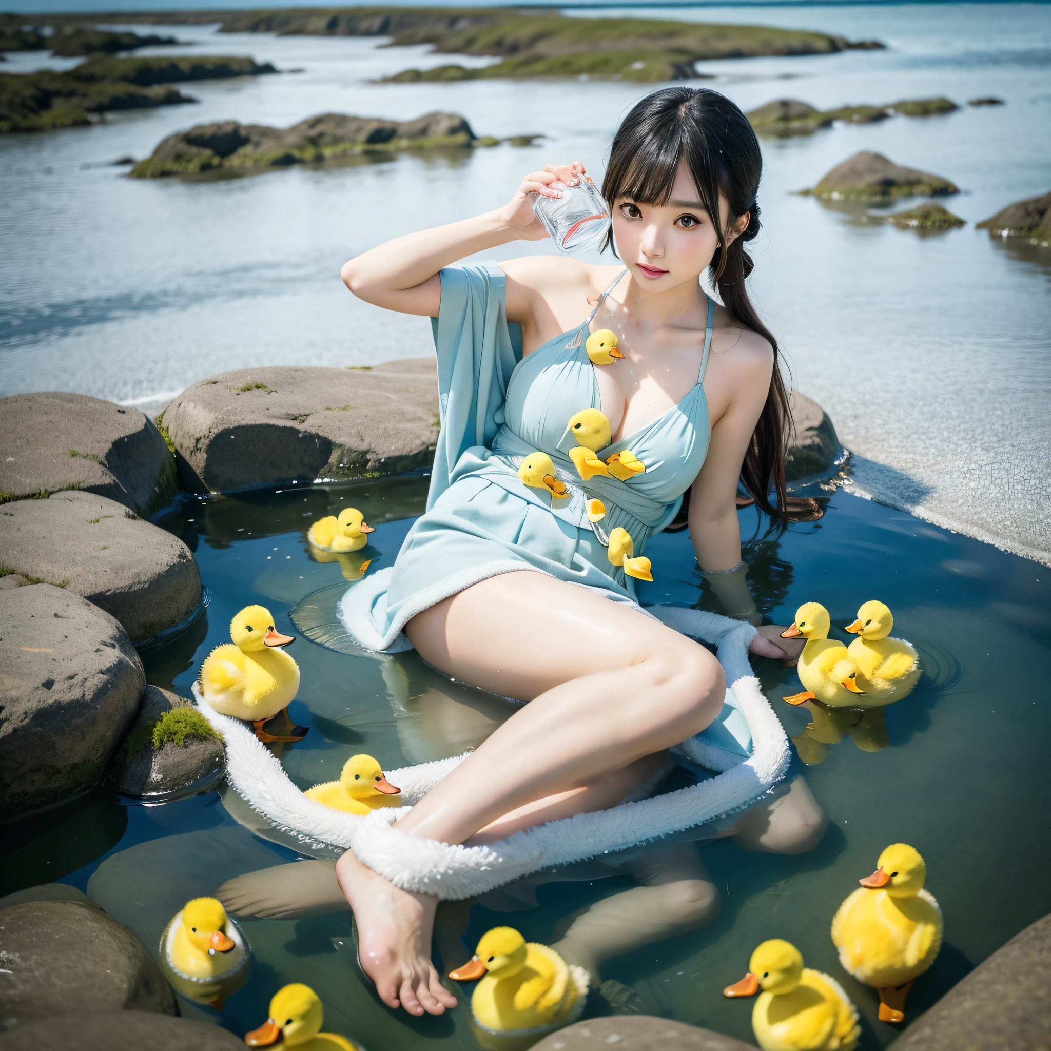 Araffe Japanese model, hyperrealistic, drinking water in a glass with lots of ice next to yellow ducklings on a beach,