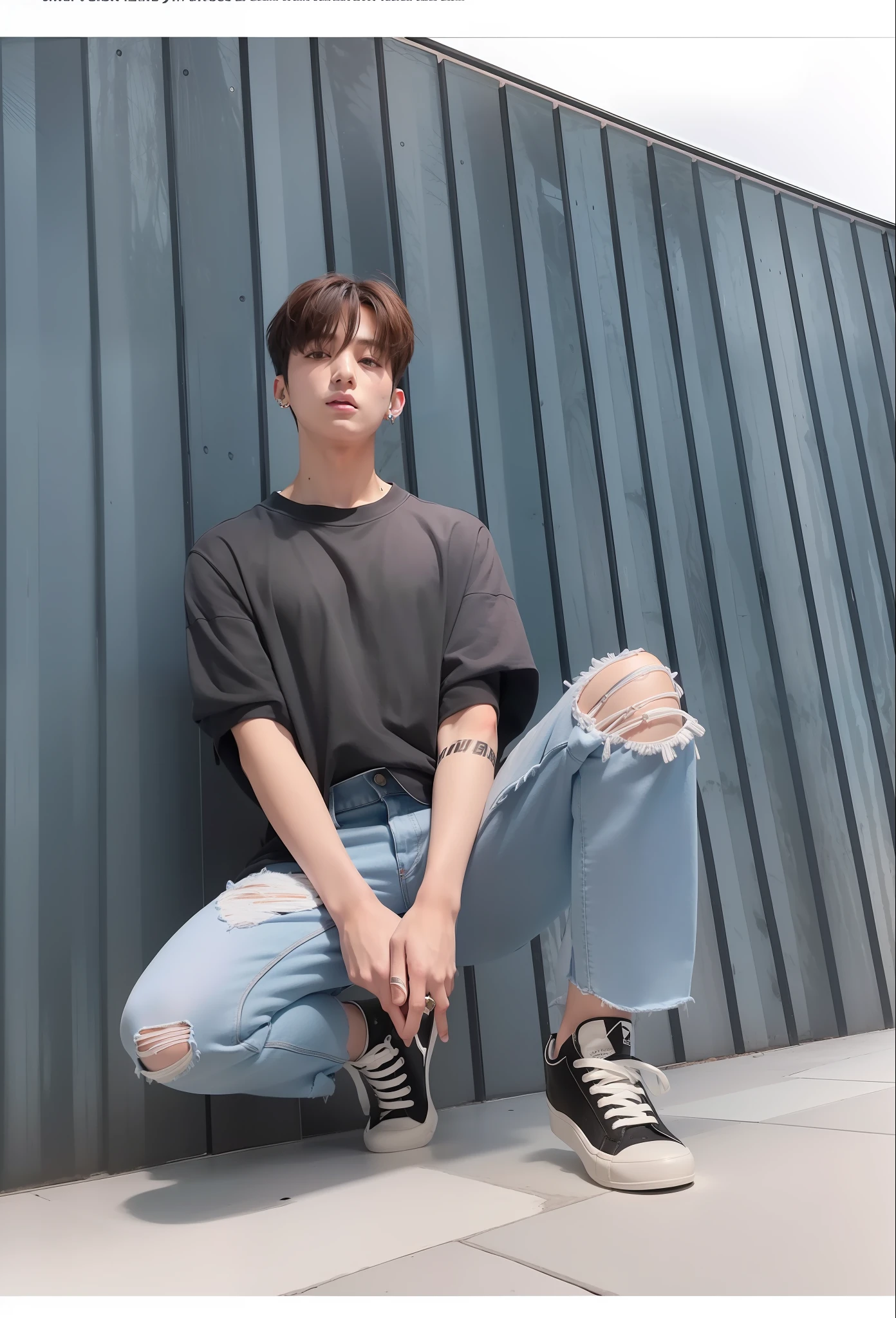 Jungkook dressed in black jeans and transparent white T-shirt. It's in a forest