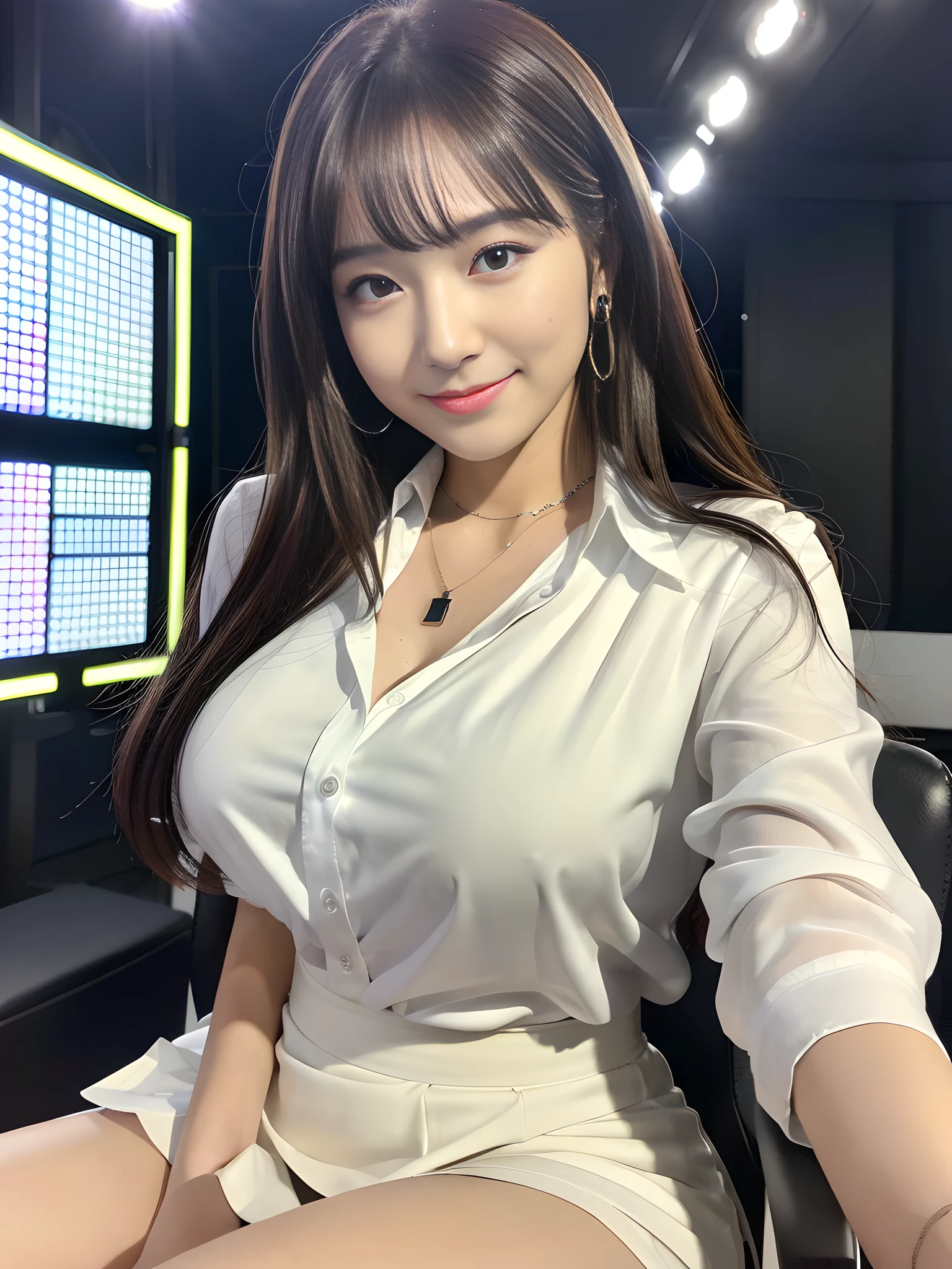 ((Best quality, 8k, Masterpiece :1.3)), (Japanese pretty newscaster), smile, (white shirt, black mini-skirt), beautiful detailed TV studio, (sitting on chair), clean and neat, During live newscasts, (very large display showing charts), Highly detailed face and skin texture, (big breasts), necklace, spotlight,