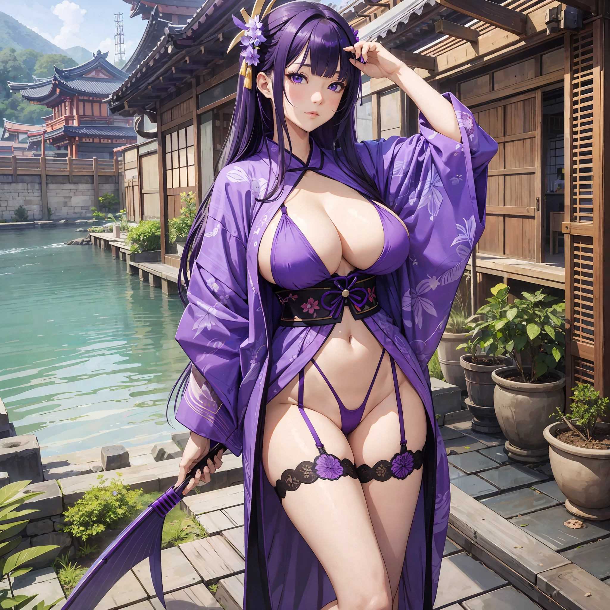 Masterpiece, best quality, breasts, Raiden Shogun, purple eyes, Japanese clothing, purple hair, big breasts, long hair, cleavage, hair accessories, thighs, purple kimono, high heels, bangs, nudity, fishing nets --auto --s2