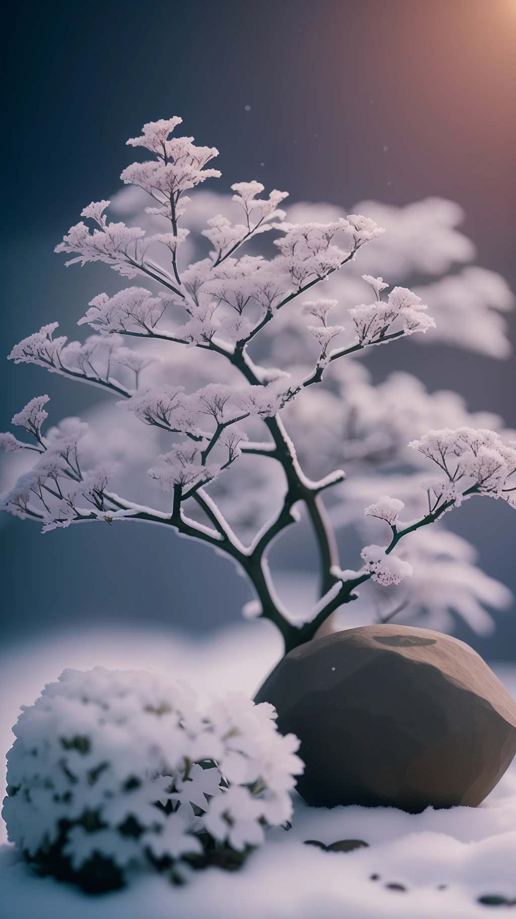 Plants, Snowflakes (Food Bar), Still Life, Winter, Peach Blossoms, Rock Garden, Bonsai Fog, Haze, Fine Details, Ultra Fine Details, Intricate Details, Film Style, Surrealist Soft Light, Studio Lighting, Diffuse Soft Light, Shallow Depth of Field, Sharp Focal Cluster, Ray Tracing, Subsurface Scattering, Ultra-detailed (Complex, Detailed, Ultra-Refined) Detail, Surrealism.
