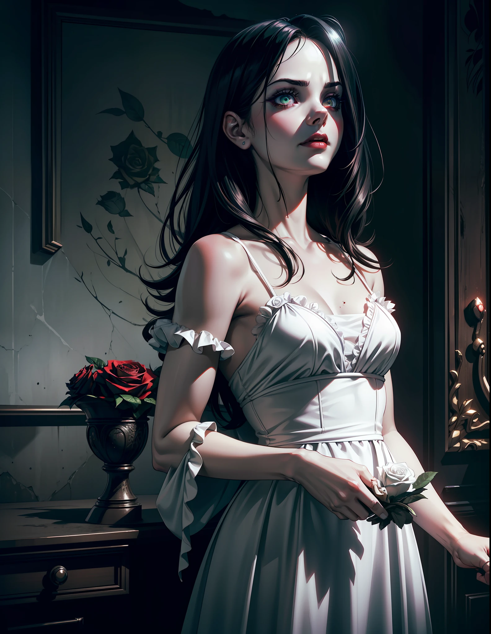 (extremely detailed 8k wallpaper), dark theme, Vampire the Masquerade, adult theme, modern horror, realistic, 2020s, adult woman, extremely beautiful, seductive, wearing blood-stained white dress, sharp focus, (subsurface scattering:1.1), award-winning photography, centered face, ((Christina Ricci's face)), front, half-body photo:1.1, medium black hair, supernatural neon green eyes:1.2, Serious expression, in a meeting room abandoned at night, white rose in hand, dramatic lighting