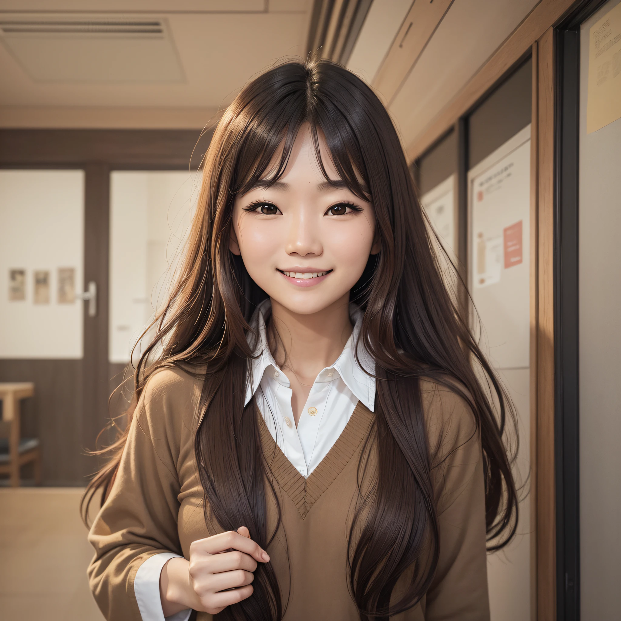 smiling woman with long brown hair and a brown shirt, a picture inspired by Kim Jeong-hui, tumblr, shin hanga, joy ang, kiyoko suzuki, chiho ashima, katherine lam, jaeyeon nam, chiho, louise zhang, jen zee, narumi kakinouchi, heonhwa choe, taejune kim, portrait of christy ren --auto --s2