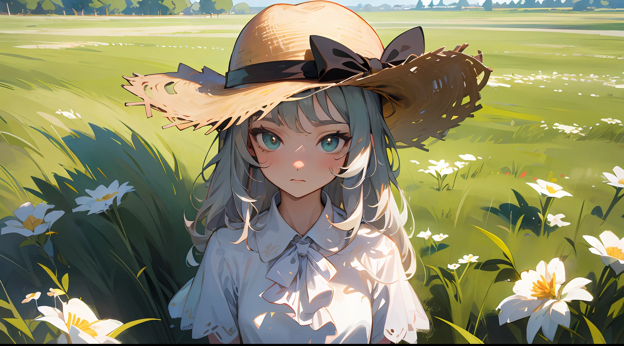 cowboy shot, upper body, portrait, panorama, far view, wide angle lens, depth of field, perspective, movie angle, arms behind back, masterpiece, best quality, super detailed, CG, 8K wallpaper, delicate face and eyes, eyes with beautiful details, a girl, solo, silver hair, dark green eyes, straw hat, bow, white dress, sitting on grass, green field, idyllic landscape, grass, flowers, sunlight, sky