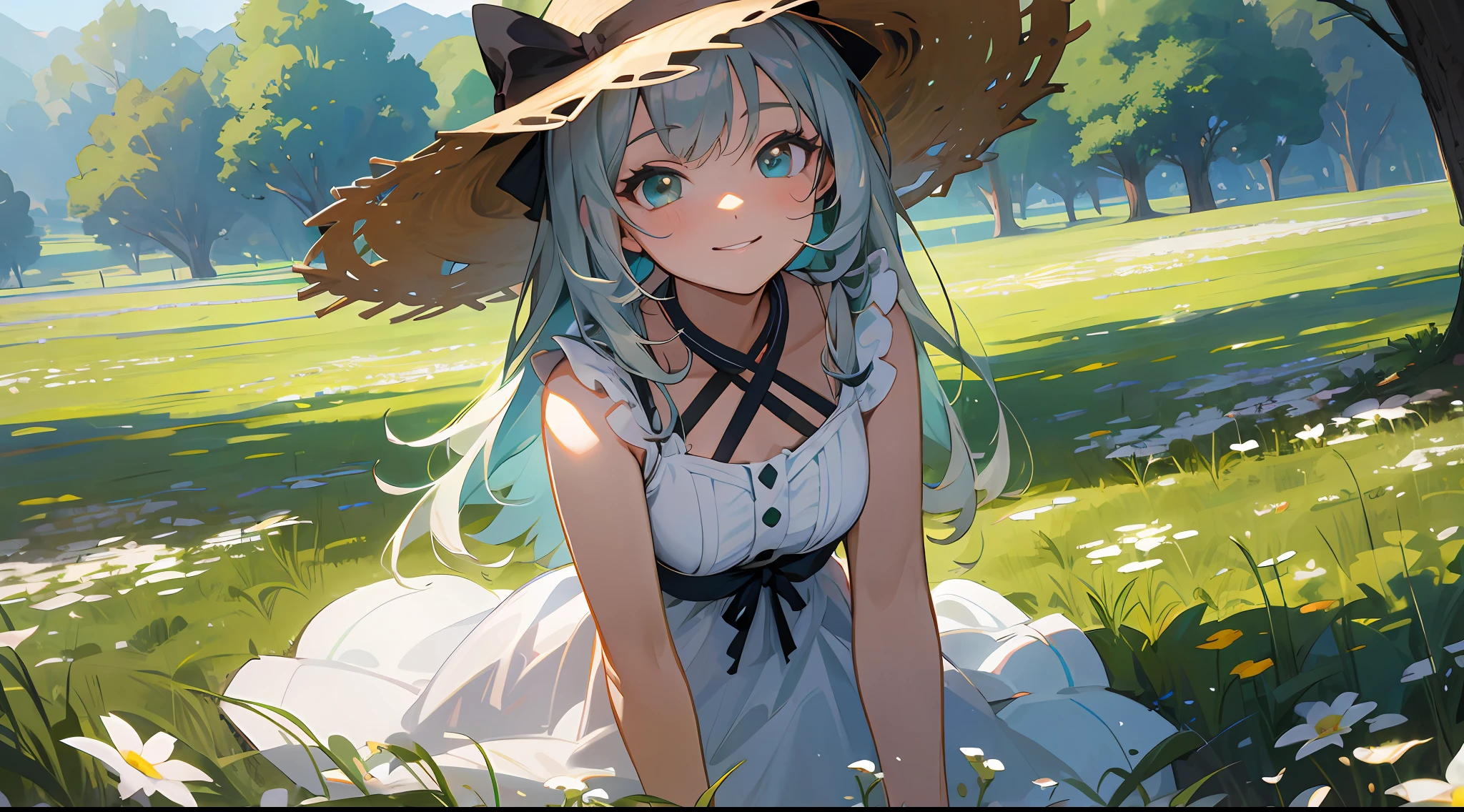 cowboy shot, upper body, portrait, panorama, far shot, wide-angle lens, depth of field, perspective, movie angle, arms behind back, masterpiece, best quality, ultra detail, CG, 8K wallpaper, delicate face and eyes, eyes with beautiful details, a girl, solo, smile, silver hair, dark green eyes, straw hat, bow, white dress, sitting on grass, green field, idyllic landscape, grass, flowers, sunlight, sky, lens flare, Halo