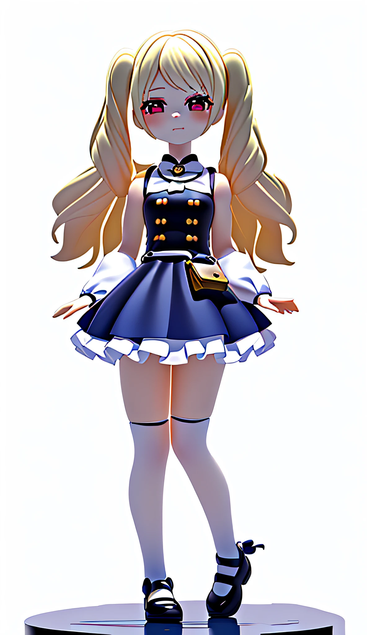 Best Quality, Ultra High Resolution, 1girl, Sleeveless White Button Shirt, Black Skirt, Black Collar, Cute, (Kpop idol), (aegyo sal:1), (Platinum blonde: 1), (Puffy eyes)), Looks in front of the audience, Full body, Facing forward, Masterpiece, Extreme Quality, Super Detailed 3D figure, Blind Box, Anime Girl in Blue Dress, Handbag and Wallet, Loli in Skirt, Cute Anime Huaifu in Beautiful Dress, My Dress Dear Anime,!! Full body portrait !!, full body portrait of shorts! , frilled clothing, small curved loli, full body commission, full body can be used, cute anime style, anime moe art style, magical girl style