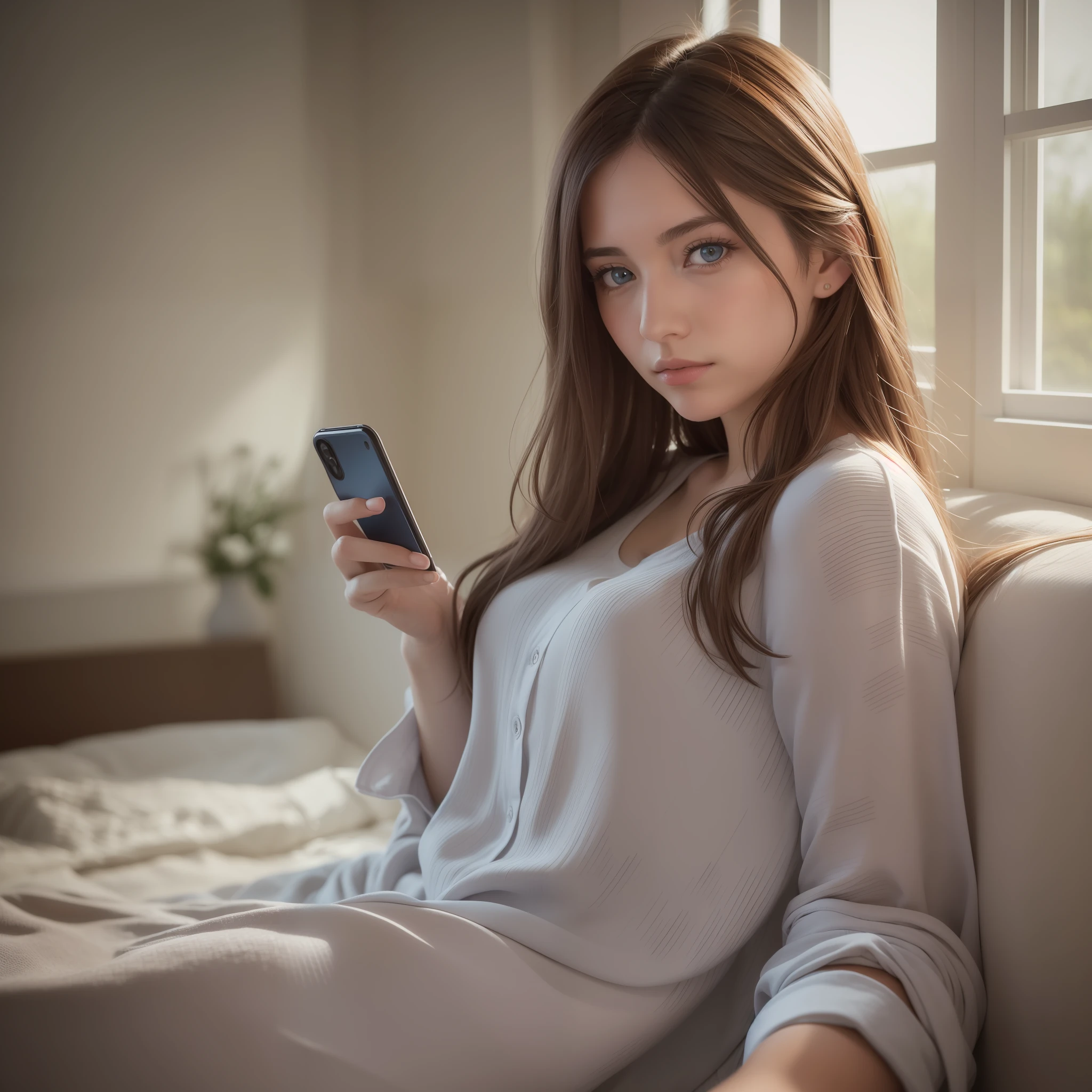 Young woman, long brown hair that falls gently in waves. Big, blue eyes, average height. sleepwear, pajamas, natural skin, clothing details, lying in bed with cell phone in hand, looking at phone, sunlight coming in through the window, dawn, 8k texture, highly detailed, realistic, soft cinematic light, HDR, focus sharp, masterpiece, photorealistic, award-winning photography, 35mm,