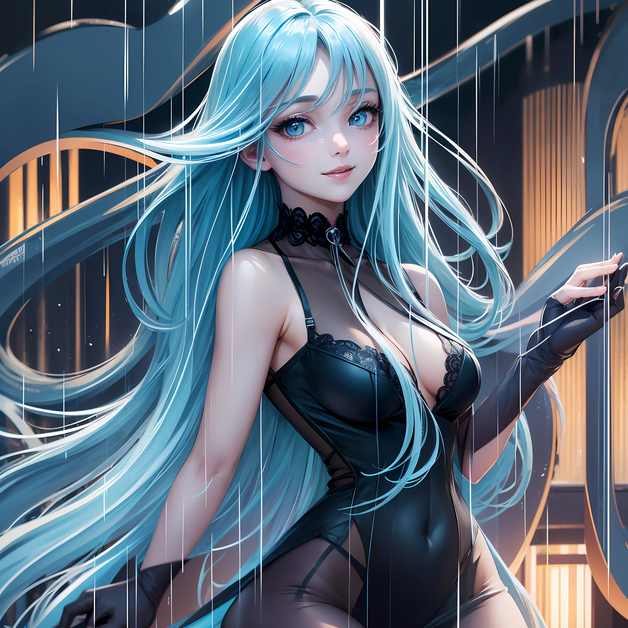 8K, best quality, masterpiece: 1.2) , super details, 1 girl, cute, independent, beautiful details sky, details cafe, night, full body, date, (nose red) , sweet smile, (Smile: 1.15) , (shut up) small breasts, beautiful details eyes, (collar shirt: 1.1) , black dress transparent, black sheer stockings, night, wet, lingerie, rain, long blue hair, flowing hair, NovaFrog style, half-naked, --auto --s2