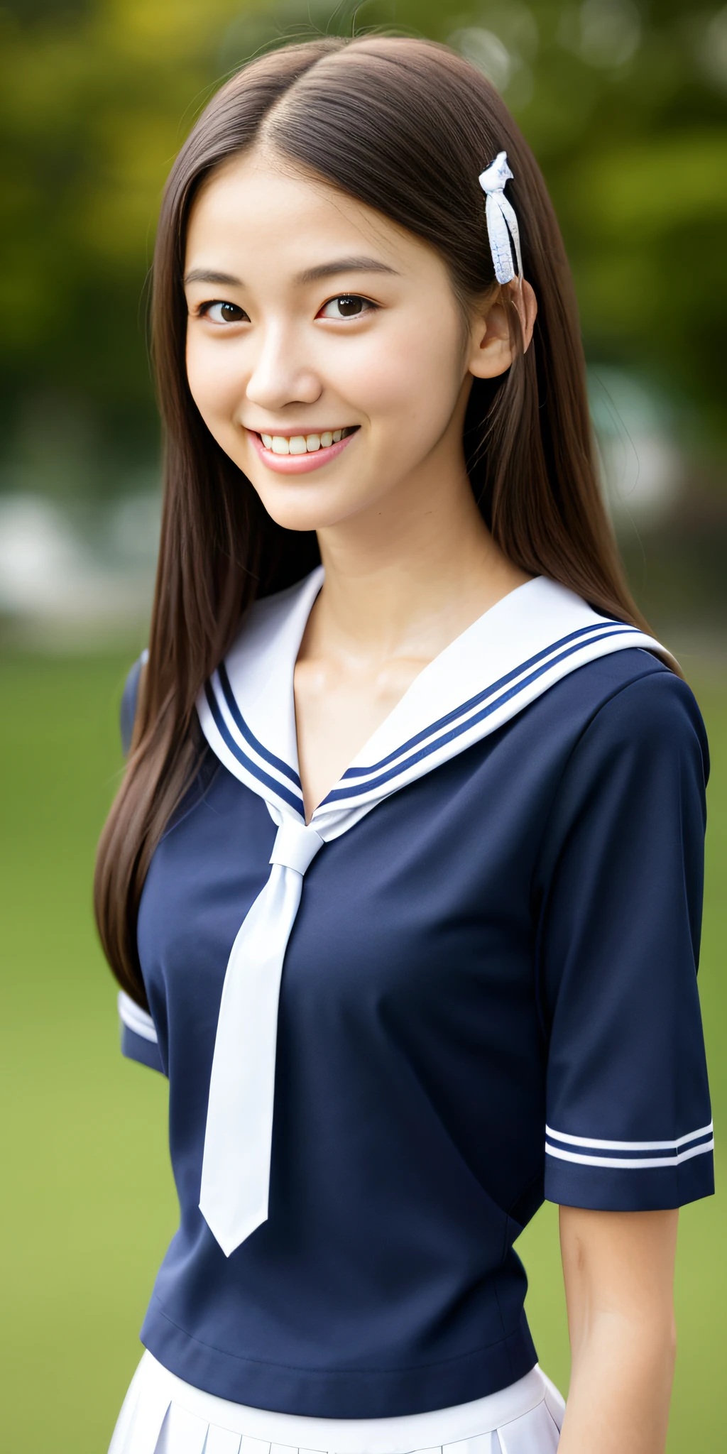 neat college girl, (school uniform, sailor uniform, ribbon tied at chest, summer uniform, upper body white, skirt is navy blue), outside the athletic field, (slim), photorealistic, detail, skin texture, ultra detail, delicate and sexy collarbone, smile, super detailed face, detailed lips, detailed eyes, double eyelids, small breasts, small breasts, small, flat breasts, breast emphasis