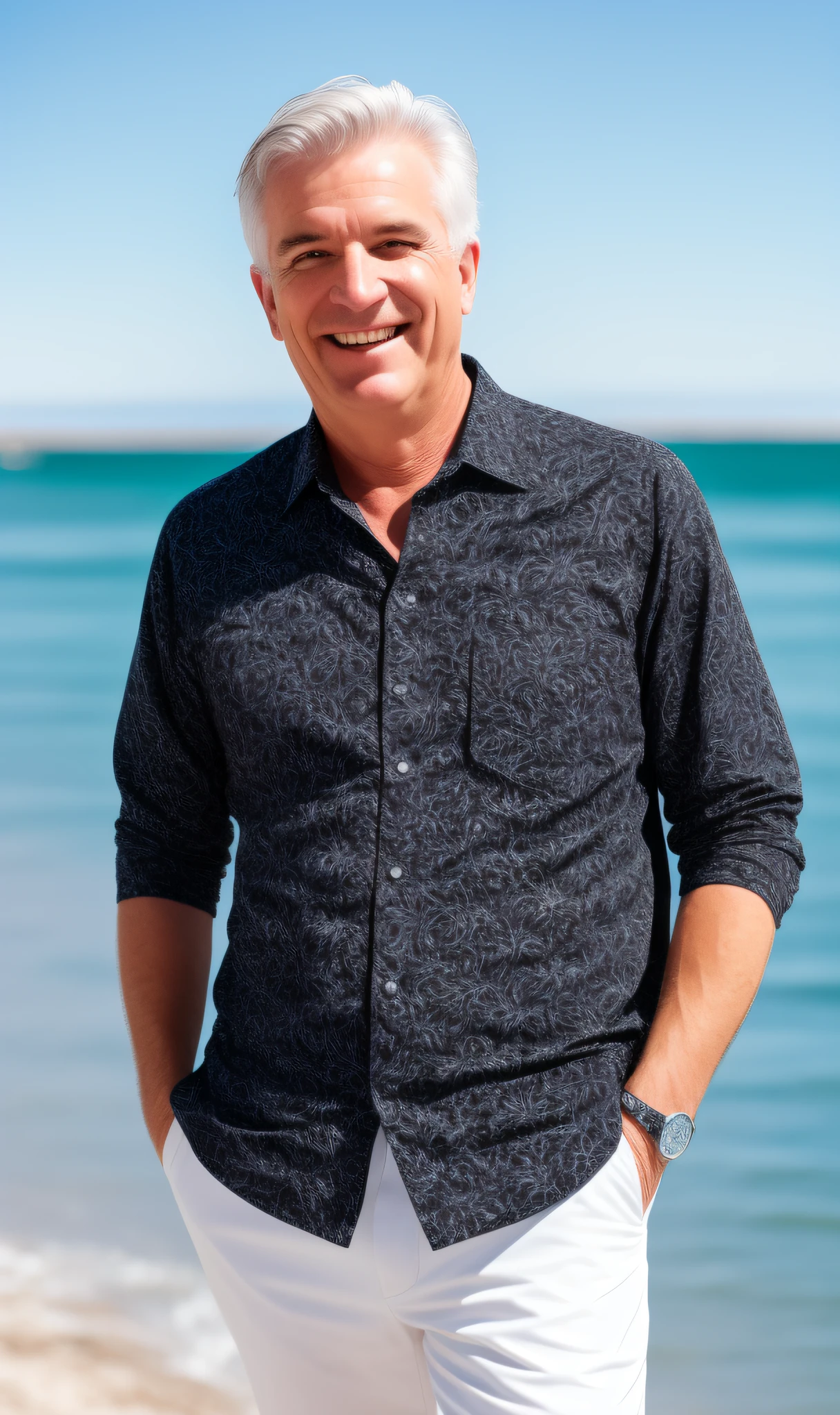 Color photo of white man, smiling, wearing 45 year old meurosto001 pattern in black clothes, face, half body, body, highly detailed skin, skin pores, coastline, sunny weather, wind, waves, 8k uhd, Dslr, soft lighting, high quality, film grain, Fujifilm XT3
