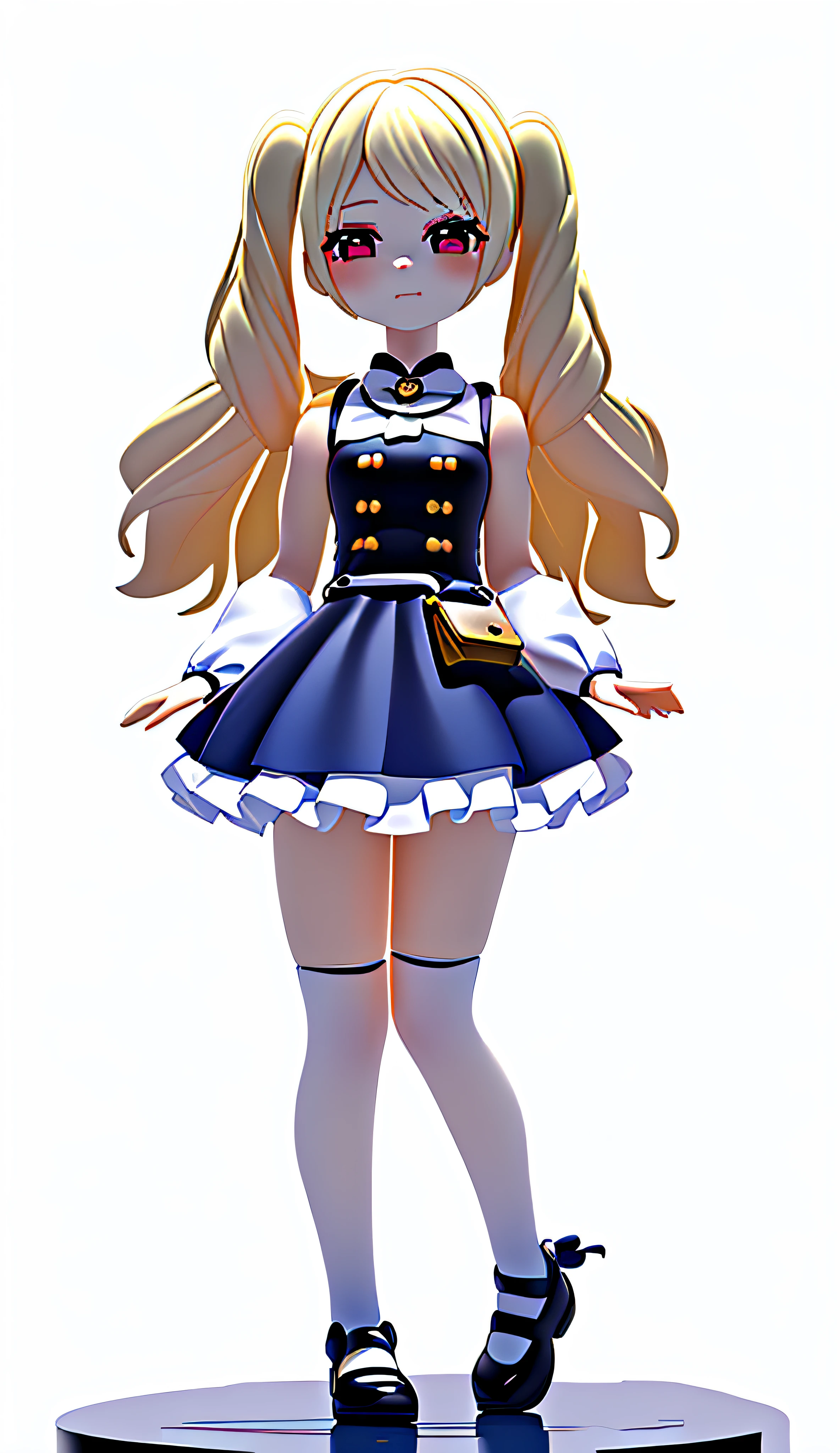 Best Quality, Ultra High Resolution, 1girl, Sleeveless White Button Shirt, Black Skirt, Black Collar, Cute, (Kpop idol), (aegyo sal:1), (Platinum blonde: 1), (Puffy eyes)), Looks in front of the audience, Full body, Facing forward, Masterpiece, Extreme Quality, Super Detailed 3D figure, Blind Box, Anime Girl in Blue Dress, Handbag and Wallet, Loli in Skirt, Cute Anime Huaifu in Beautiful Dress, My Dress Dear Anime,!! Full body portrait !!, full body portrait of shorts! , frilled clothing, small curved loli, full body commission, full body can be used, cute anime style, anime moe art style, magical girl style