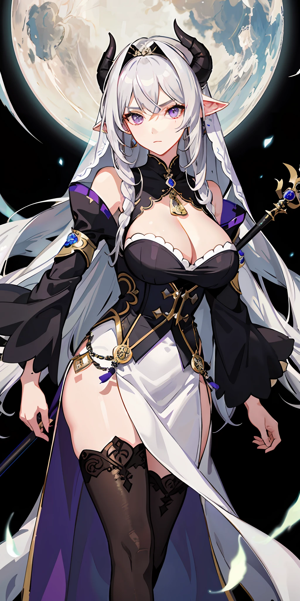 (top quality, masterpiece, background white) gray hair, fantasy costume, Genshin, purple eyes, fortune teller, face veil, sheep horn, older sister, black clothes, huge, cleavage, ephemeral expression, spear, thunder, tights, long bangs, mysterious, gentle, western style