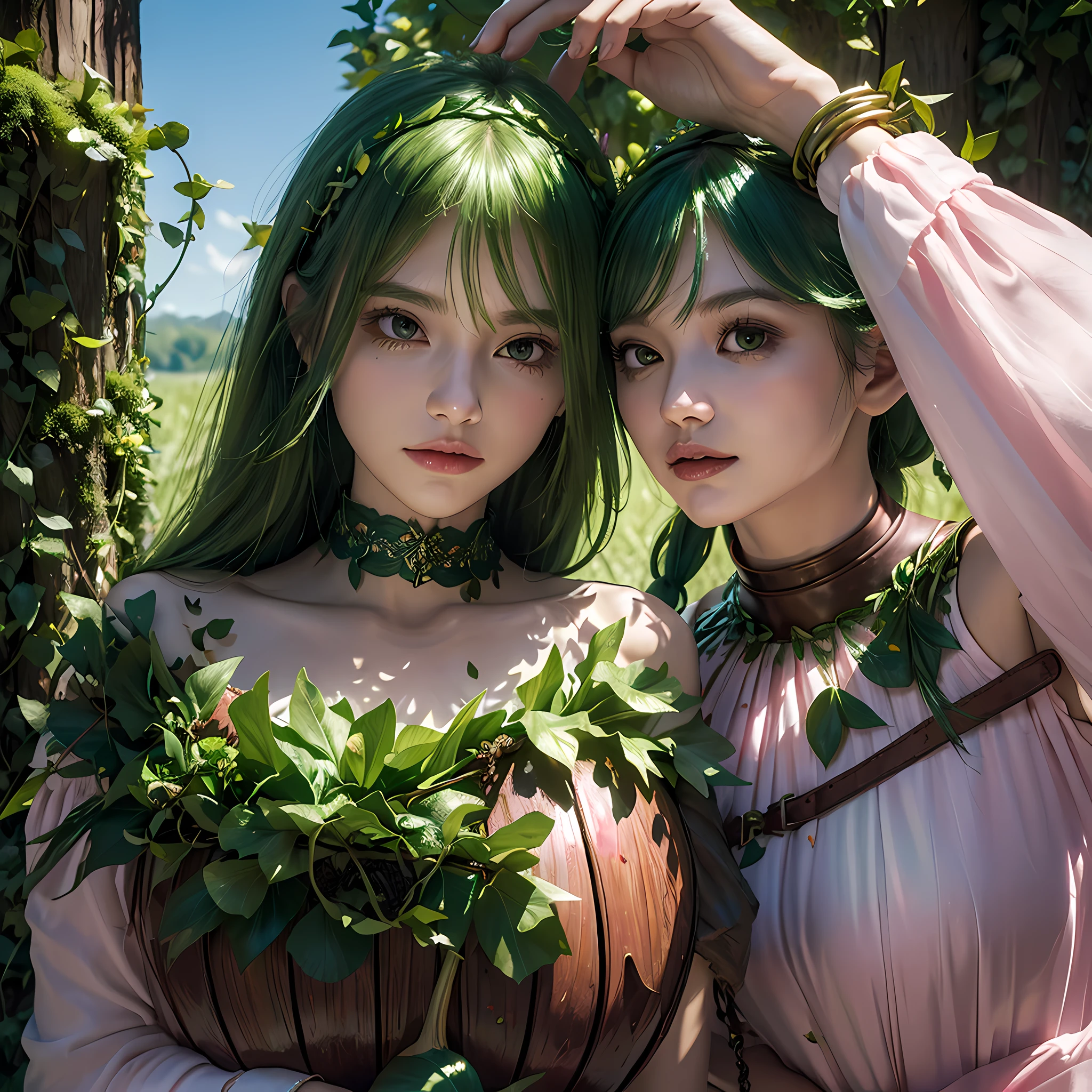 forest_sprite, (green leafy hair), flower_crown, ([bark_armor|vines_wrapped_top]:1.3), [thorn_bracers::10], moss ([collar:petal trim:0.4]:1.7) growing on ([wooden pauldron:flower shoulder:0.4]:1.5), forehead, charming, emerald eyes, vine_belt, seedling_cuffs, hidden_grove, acorn_pouch, [twisted, ivy_braid:0.1], [gloves, mushroom_staff, petal_skirt:0.4],
offshoulder,
Expressive Hues, Vibrant Palette,Dynamic Brushwork,sharp focus,