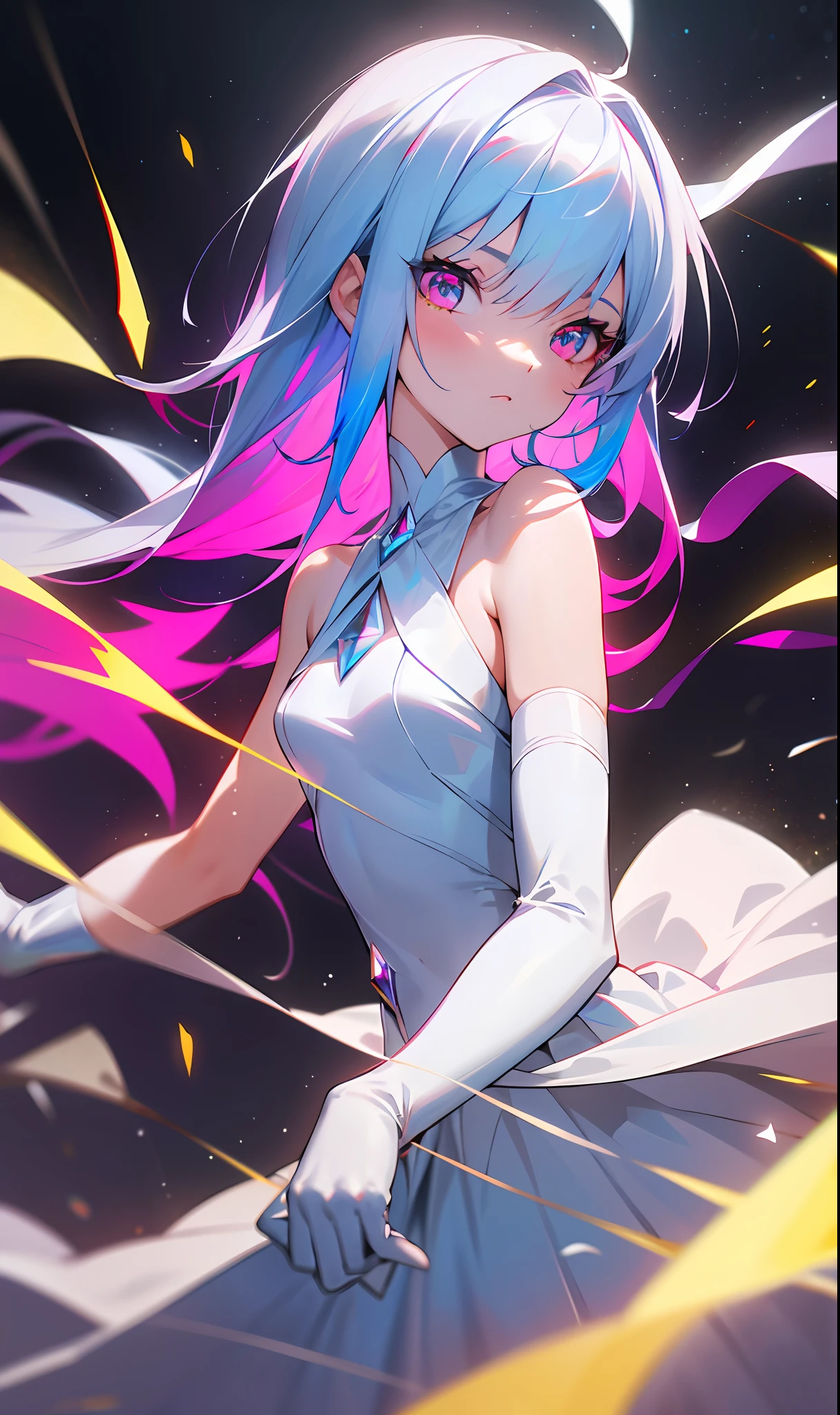 (fine, sharp images, super resolution, extremely amazing detail, awesome detail), subsurface scattering, masterpiece, best quality, high quality, 1girl, solo, upper body, prism eyes, prism hair, prism, serious, [silver|white] + (blue: -0.3) hair, blue + red eyes, gradient eyes, multicolored eyes, calm, small breasts, evening dress, glowing eyes, glowing eyes, glowing white particles, glitter, blooming, fantasy, cave, short gloves,