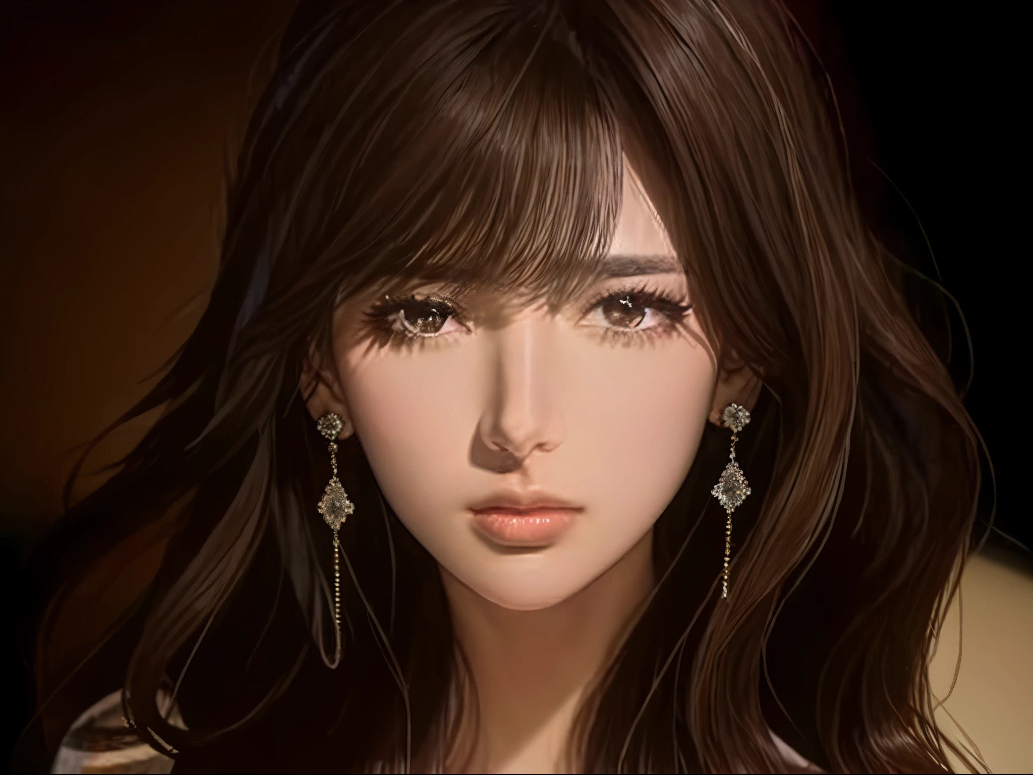 (8k, RAW Photo, Photorealistic: 1.25), (Lip Gloss, (Brown Eyes:1.25),syndrome,Eyelashes,Tears,Shiny Face,Glossy Skin,Cute Nose,Best Quality,Ultra High Resolution,Depth of Field,Chromatic Aberration,Caustics,Wide Lighting,Natural Shading,Idol) The viewer looks at a calm, goddess-like euphoria, dramatic shadows,shame,very long hair,fluffy perm,darkbrownANDmesh blonde hair,diamond earrings,