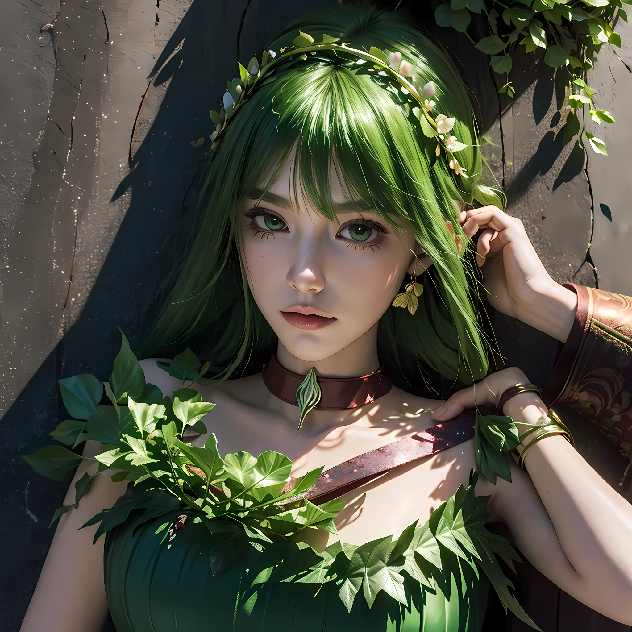 forest_sprite, (green leafy hair), flower_crown, ([bark_armor|vines_wrapped_top]:1.3), [thorn_bracers::10], moss ([collar:petal trim:0.4]:1.7) growing on ([wooden pauldron:flower shoulder:0.4]:1.5), forehead, charming, emerald eyes, vine_belt, seedling_cuffs, hidden_grove, acorn_pouch, [twisted, ivy_braid:0.1], [gloves, mushroom_staff, petal_skirt:0.4],
offshoulder,
Expressive Hues, Vibrant Palette,Dynamic Brushwork,sharp focus,